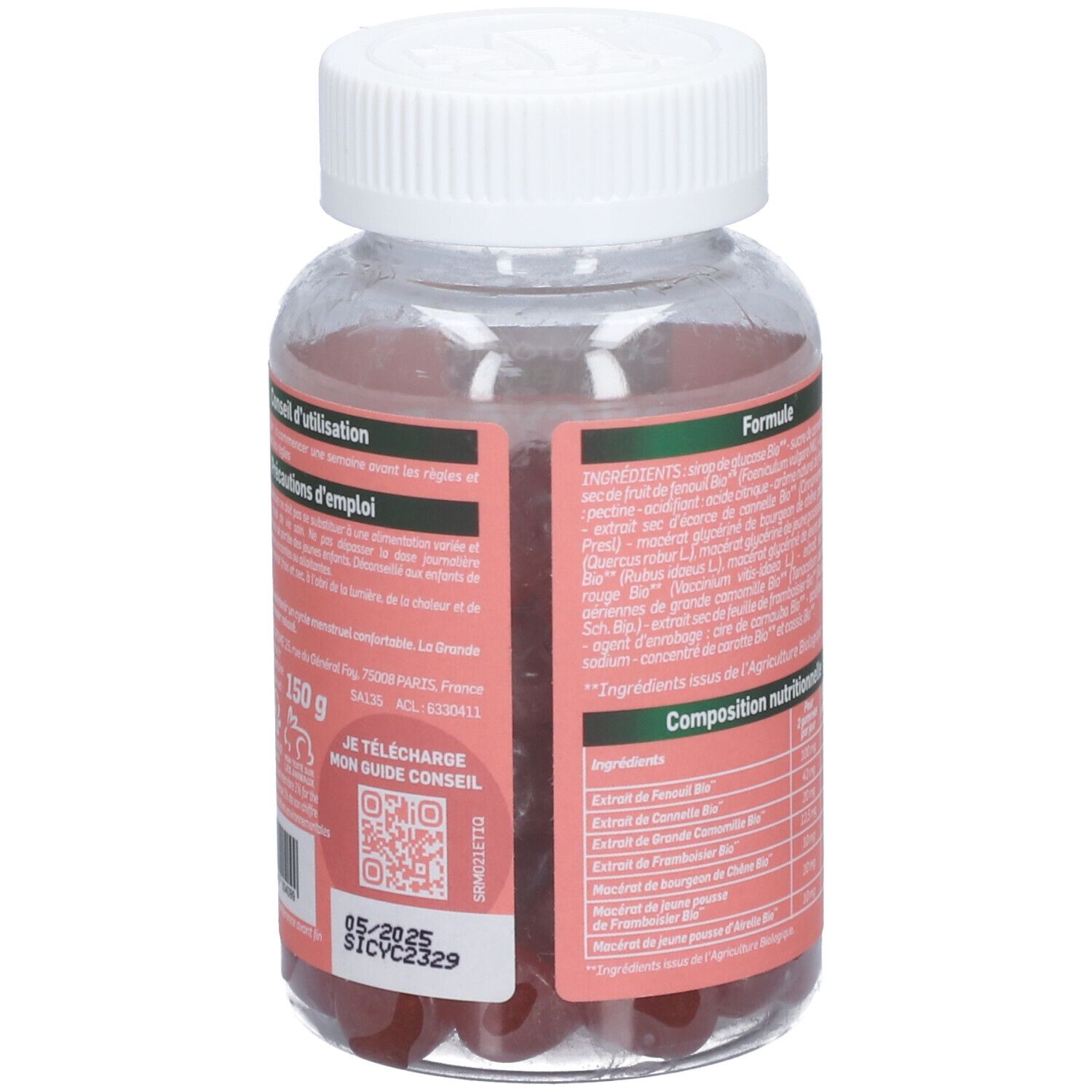 Dos du flacon avec étiquette rose. Texte, code QR et date de péremption. Bonbons rouges visibles.