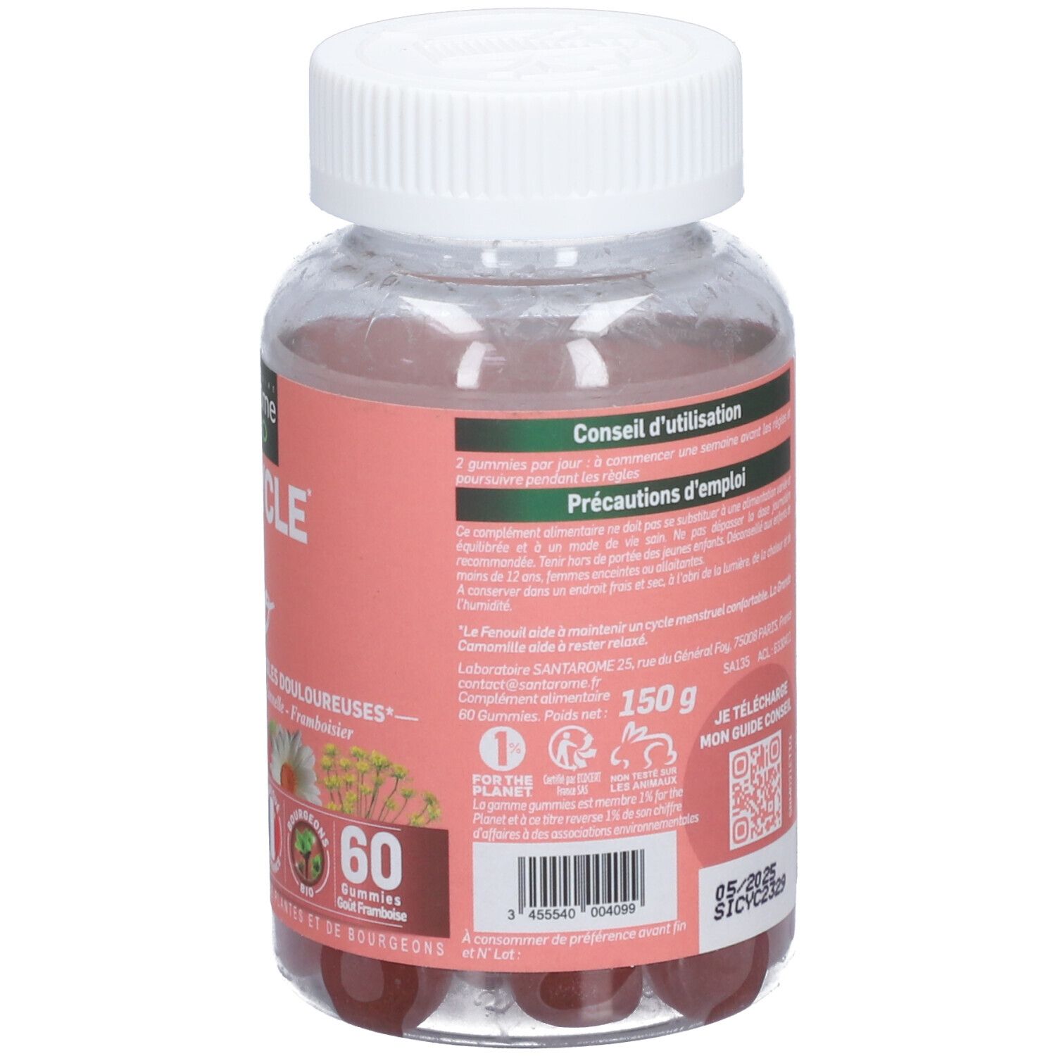 Vue arrière du flacon avec étiquette rose. Texte, poids 150 g, 60 gommes. Bouchon blanc.