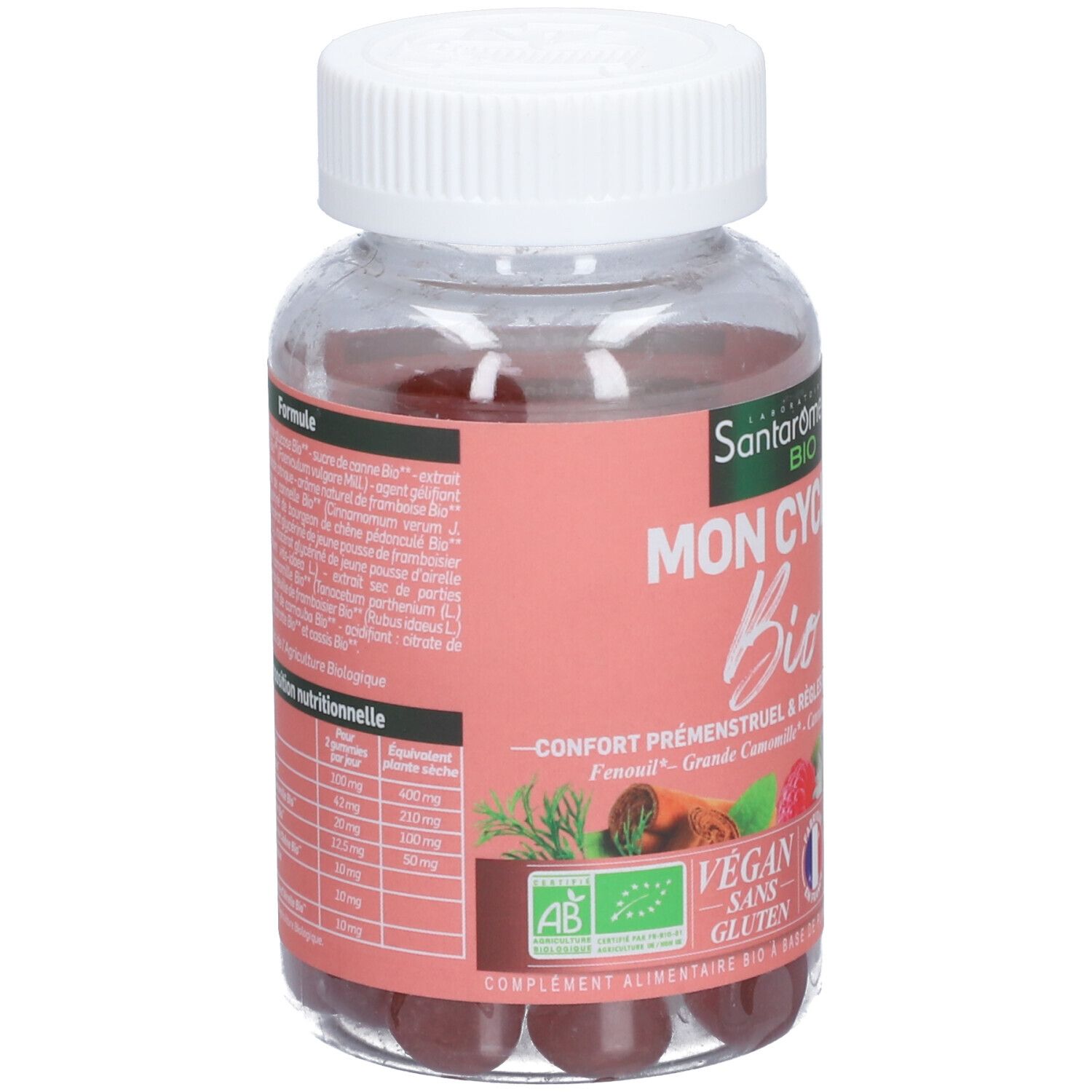 Flacon transparent avec étiquette rose. Nom du produit, logo, ingrédients. Bouchon blanc. Vegan.