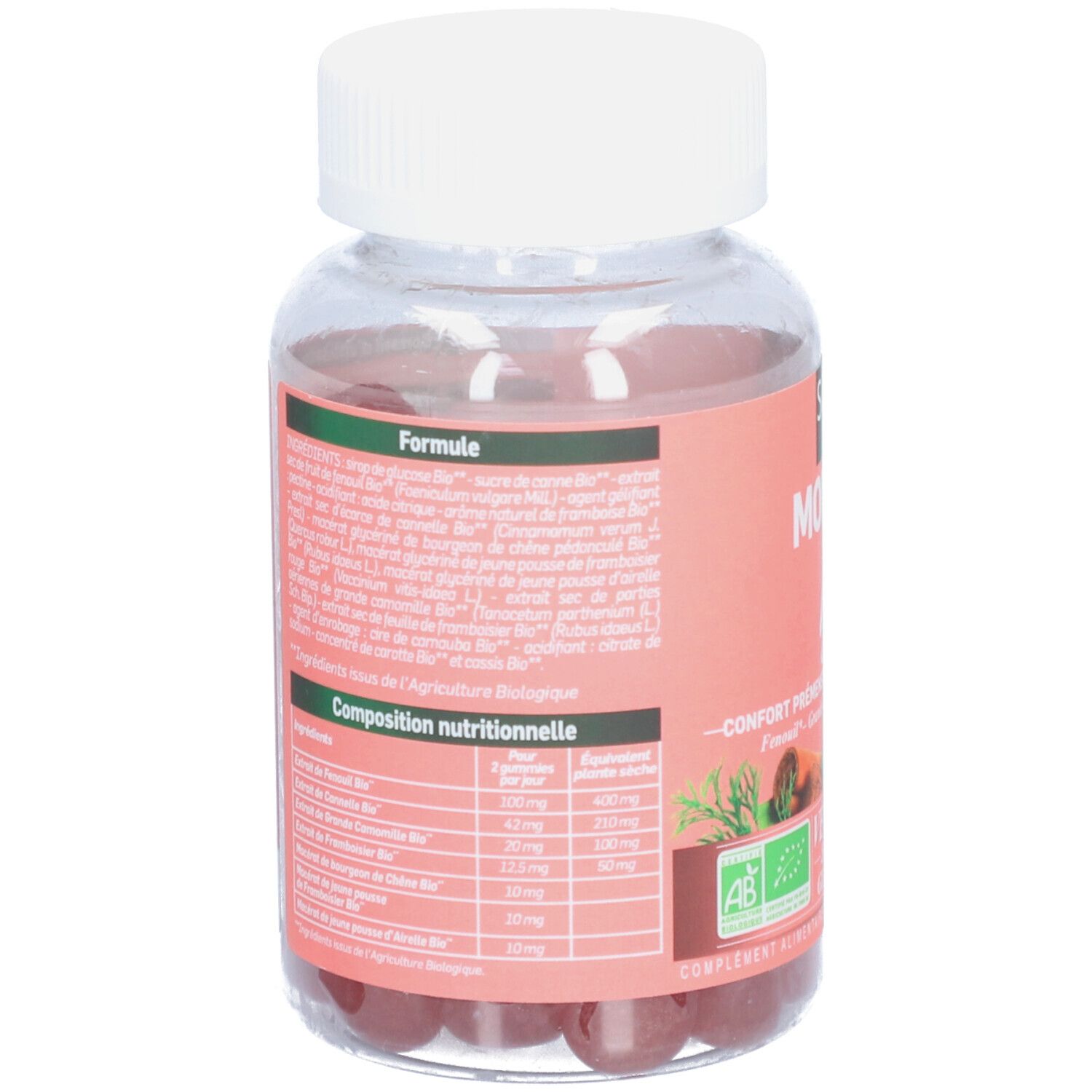 Dos du flacon avec étiquette rose. Texte, liste des ingrédients, informations nutritionnelles. Bouchon blanc.