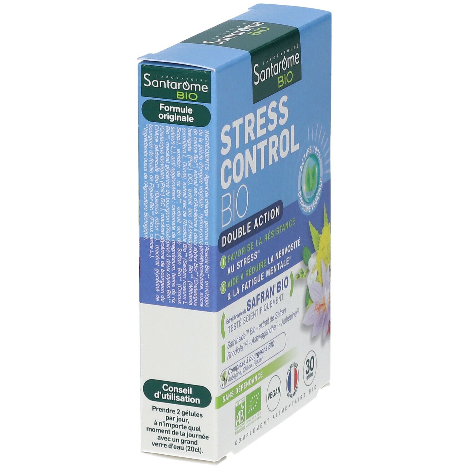 Schachtel Santarome Bio Stress Control Bio, blaue Verpackung. Enthält 30 Kapseln. Vegan, AB-Zertifizierung.