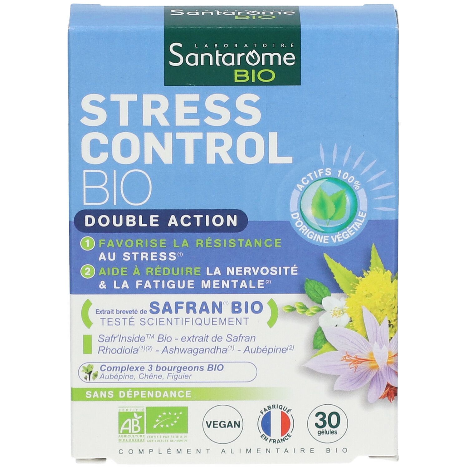 Blaue Schachtel Santarome Bio Stress Control Bio. Enthält 30 Kapseln. Vegan, AB-Zertifizierung. Hergestellt in Frankreich.