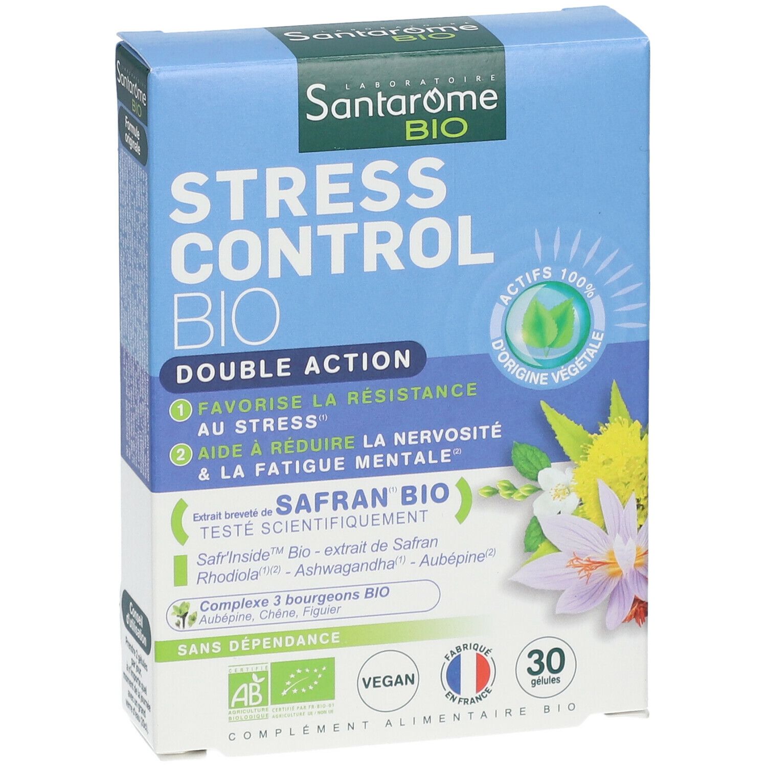 Blaue Schachtel Santarome Bio Stress Control Bio. Enthält 30 Kapseln. Vegan, AB-Zertifizierung. Hergestellt in Frankreich.