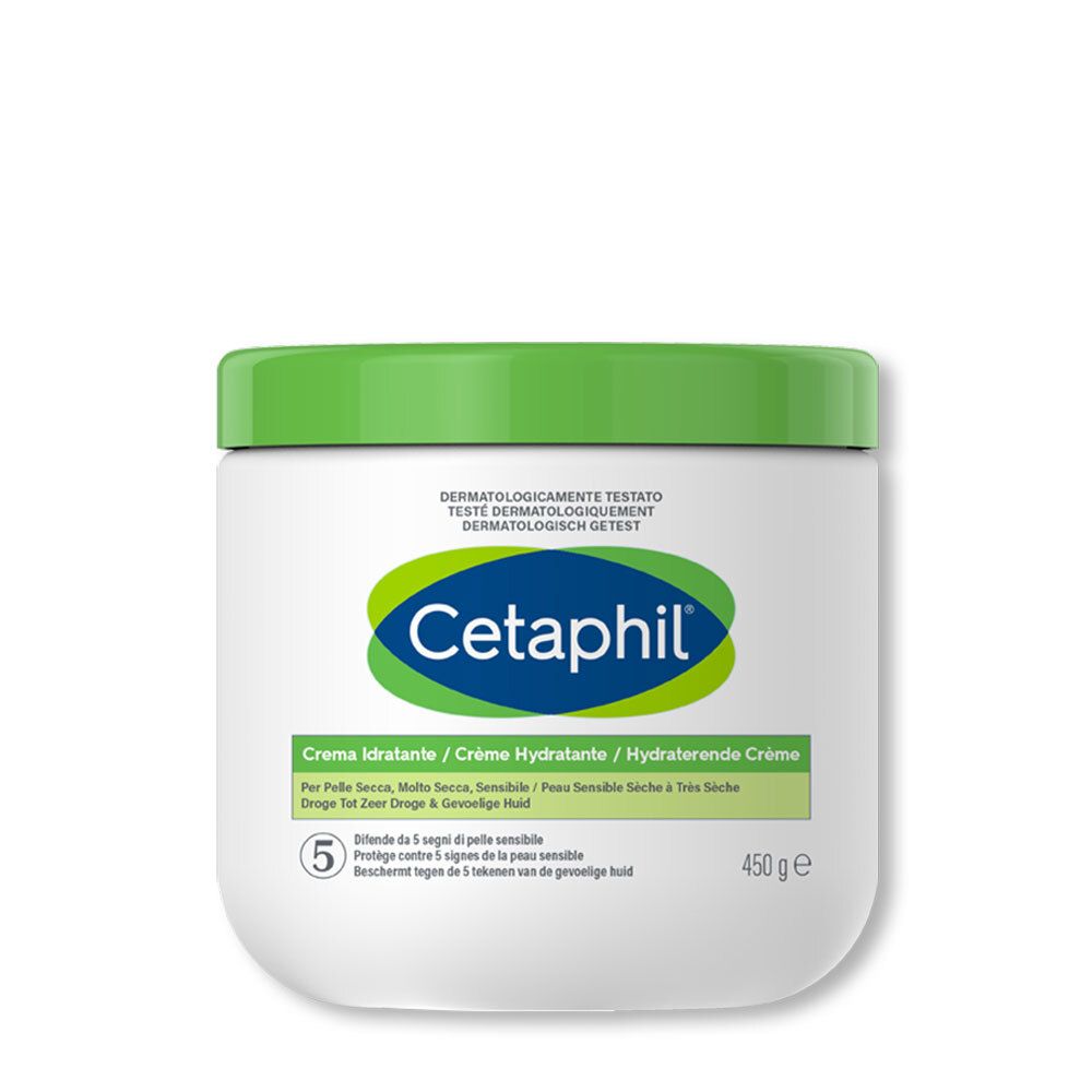 Cetaphil Crème Hydratante 450g. Pot blanc, couvercle vert. Inscription: Cetaphil, Crème Hydratante.