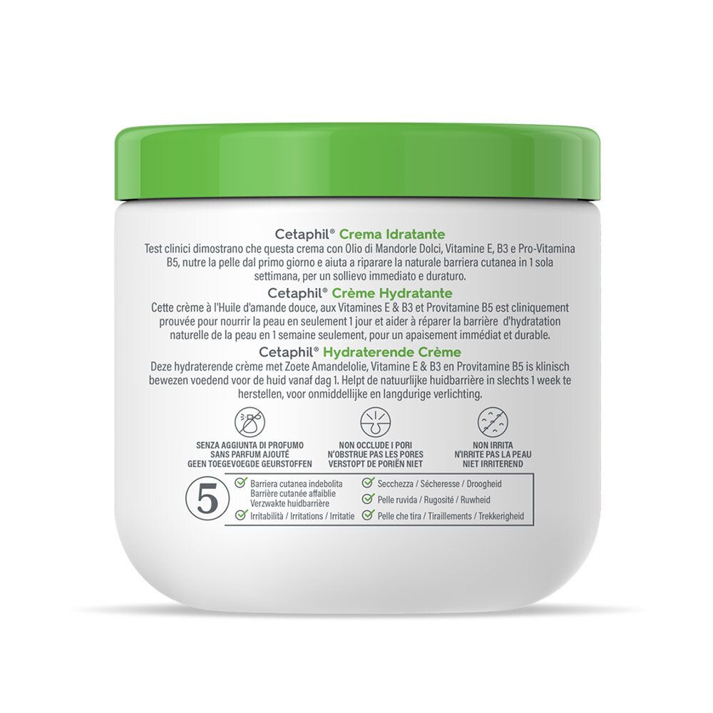 Dos du pot Cetaphil Crème Hydratante. Texte multilingue. Logos: Sans parfum, non comédogène, non blanchissant.