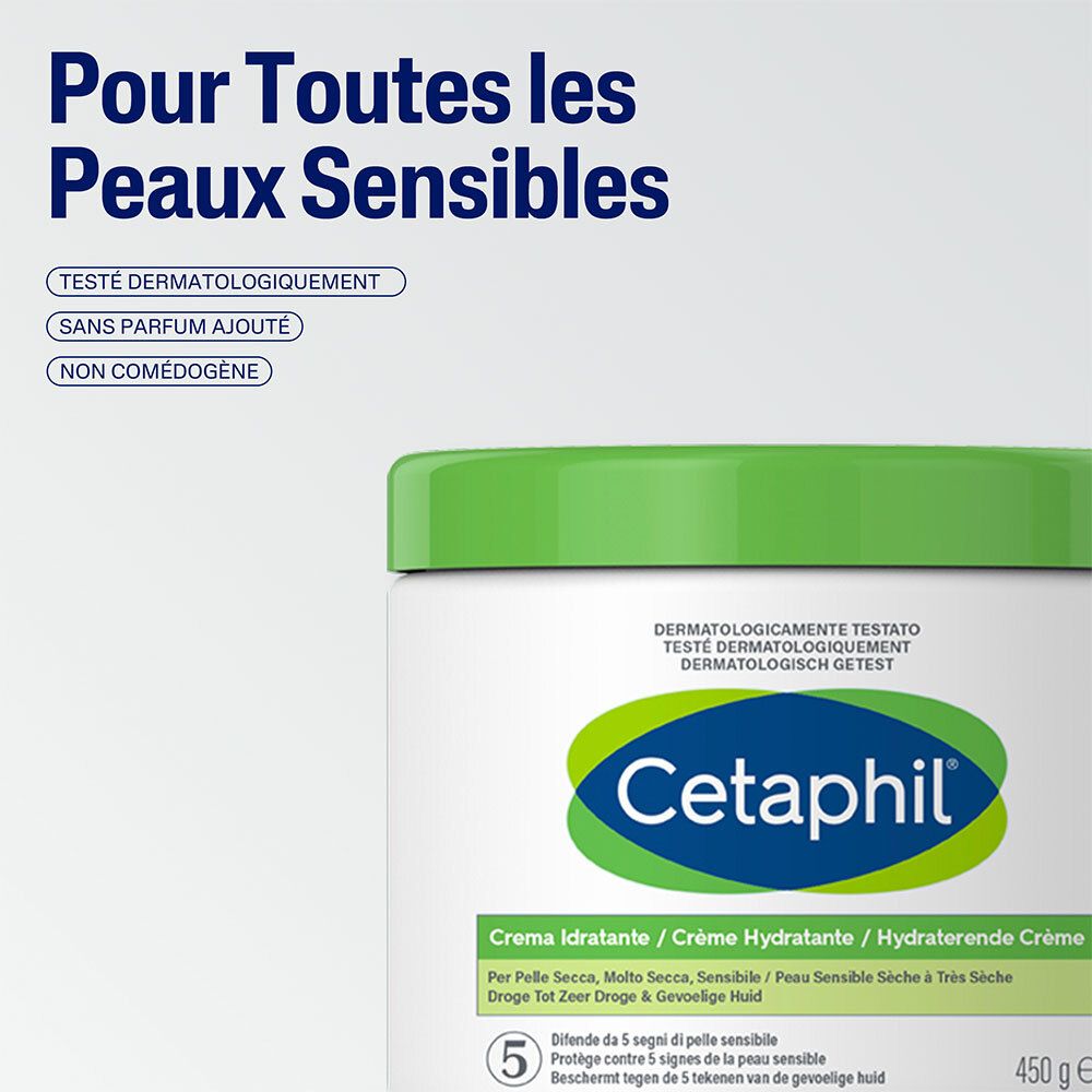Cetaphil Crème Hydratante 450g. Pot vert. Texte: Pour Toutes les Peaux Sensibles. Logos.
