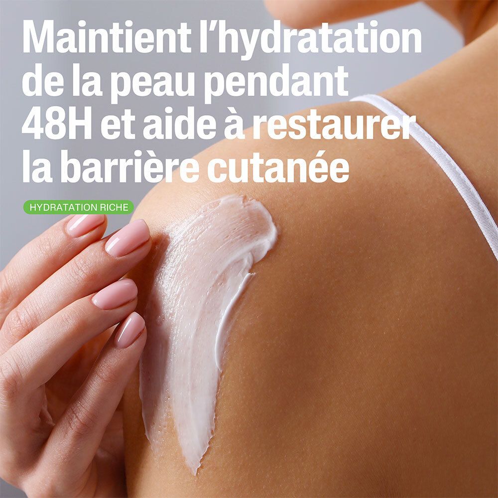 Gros plan sur une peau avec crème. Texte: Maintenir l'hydratation...barrière cutanée.