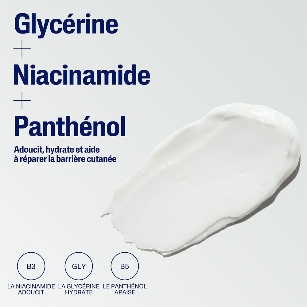 Gros plan sur de la crème. Texte: Glycérine + Niacinamide + Panthénol. Logos.