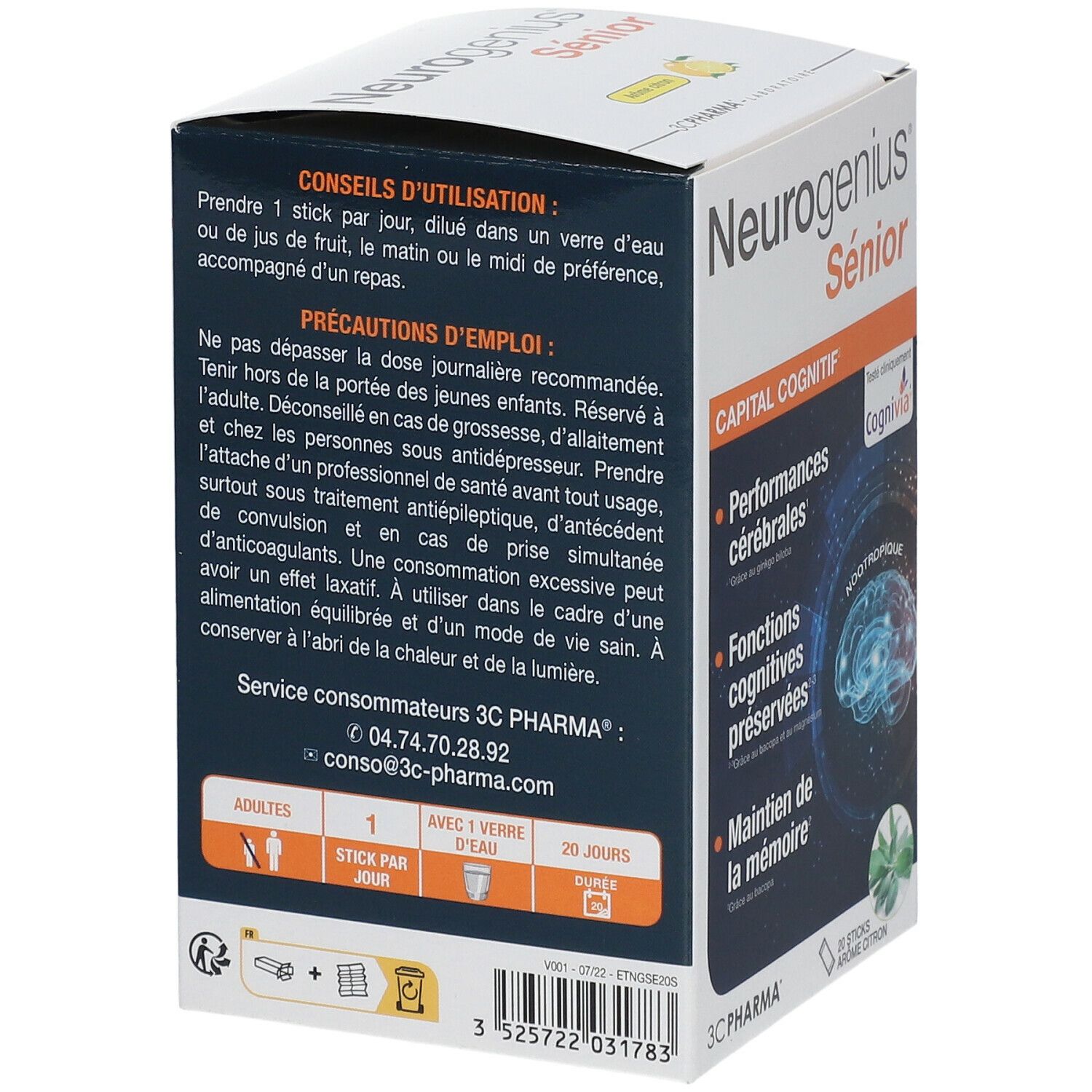 Dos de la boîte Neurogenius Sénior. Contient des informations d'utilisation et des précautions. 3C PHARMA.