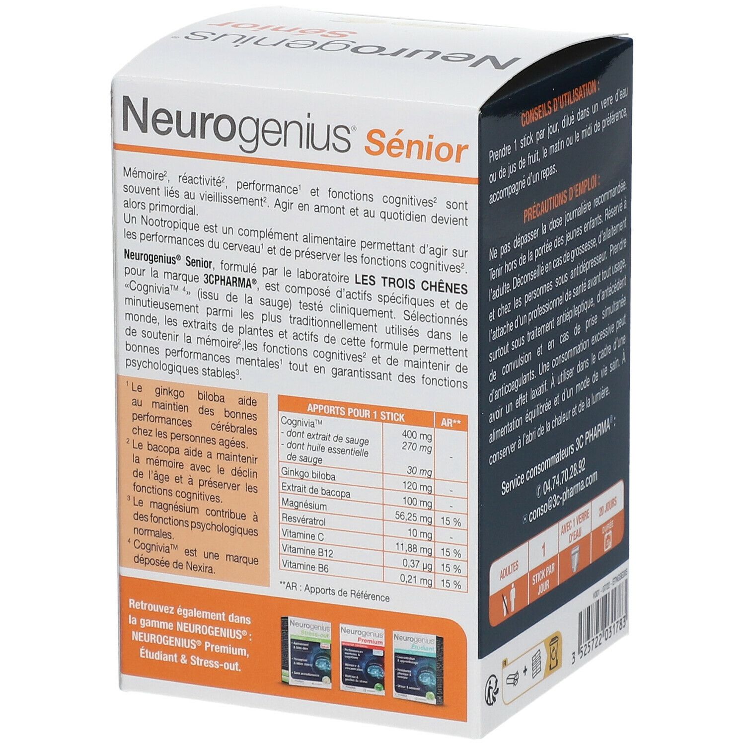 Dos de la boîte Neurogenius Sénior. Contient des informations sur les ingrédients et les valeurs nutritionnelles. 3C PHARMA.