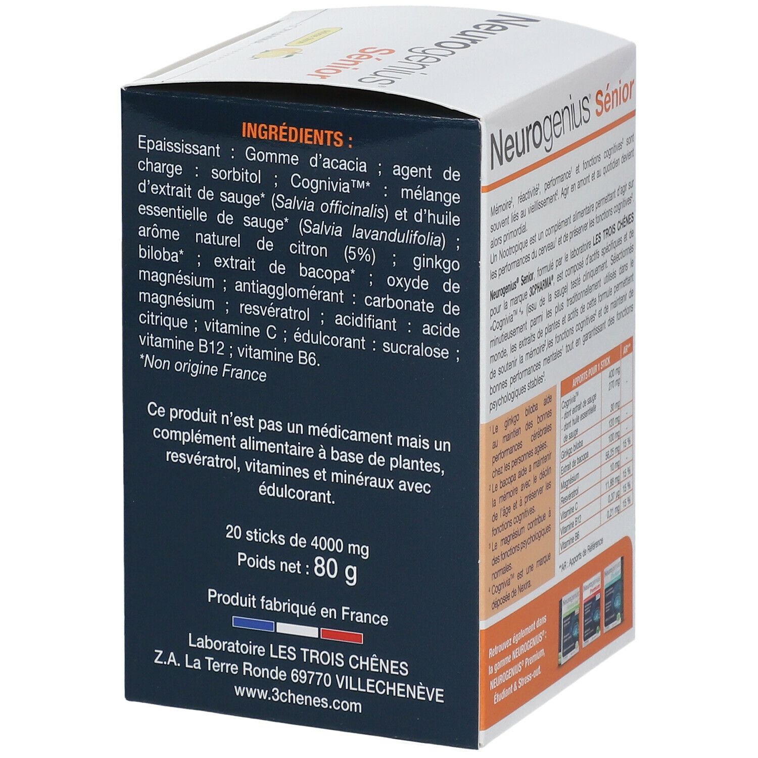 Dos de la boîte Neurogenius Sénior. Contient des informations sur les ingrédients. 3C PHARMA.
