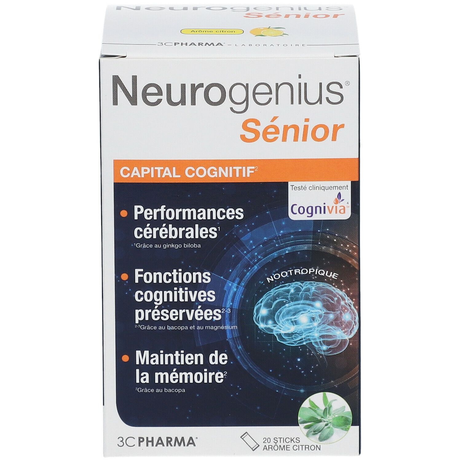 Face avant de la boîte Neurogenius Sénior. Contient des informations sur les avantages. 3C PHARMA.