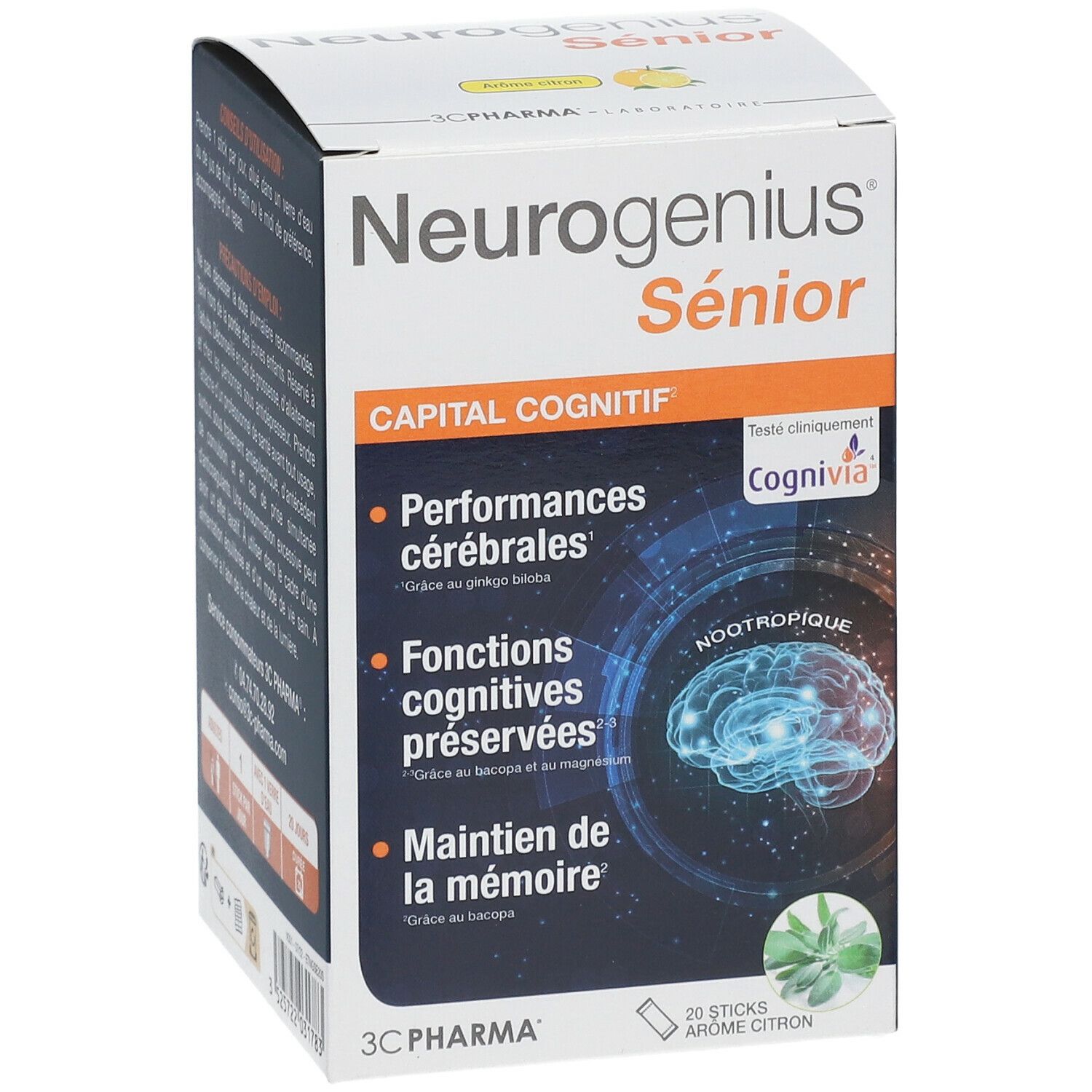 Face avant de la boîte Neurogenius Sénior. Contient des informations sur les avantages. 3C PHARMA.