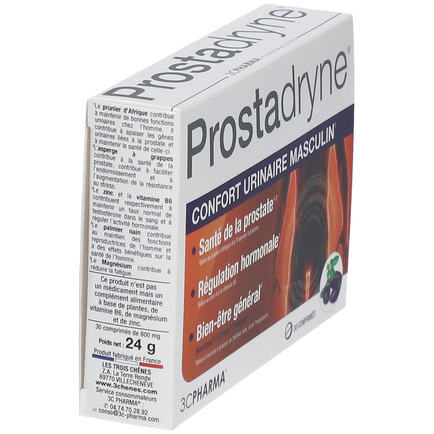 Boîte Prostadryne. Texte: Confort urinaire masculin. 30 comprimés. Description en français. Logo 3C Pharma.