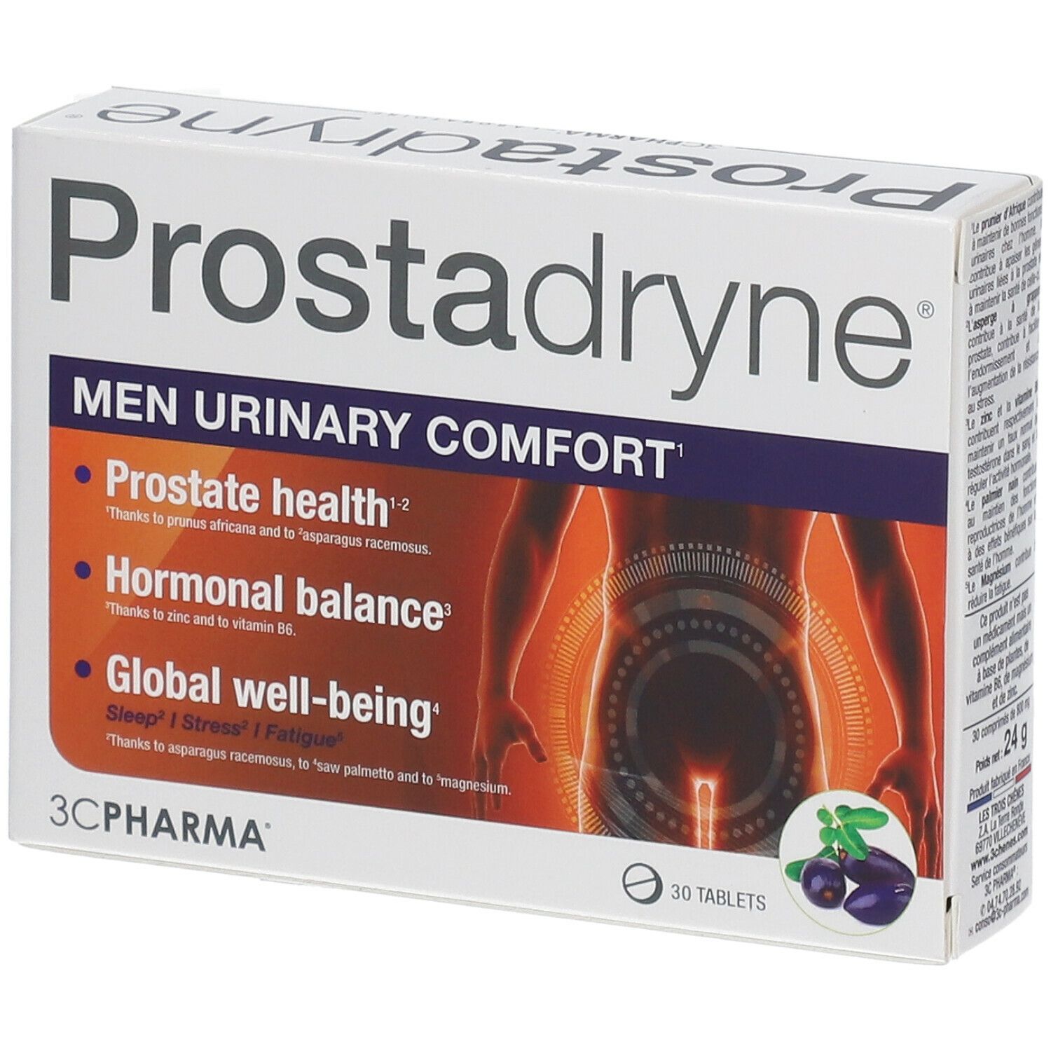 Boîte Prostadryne. Inscription: Men Urinary Comfort. 30 comprimés. Illustration homme. Logo 3C Pharma.