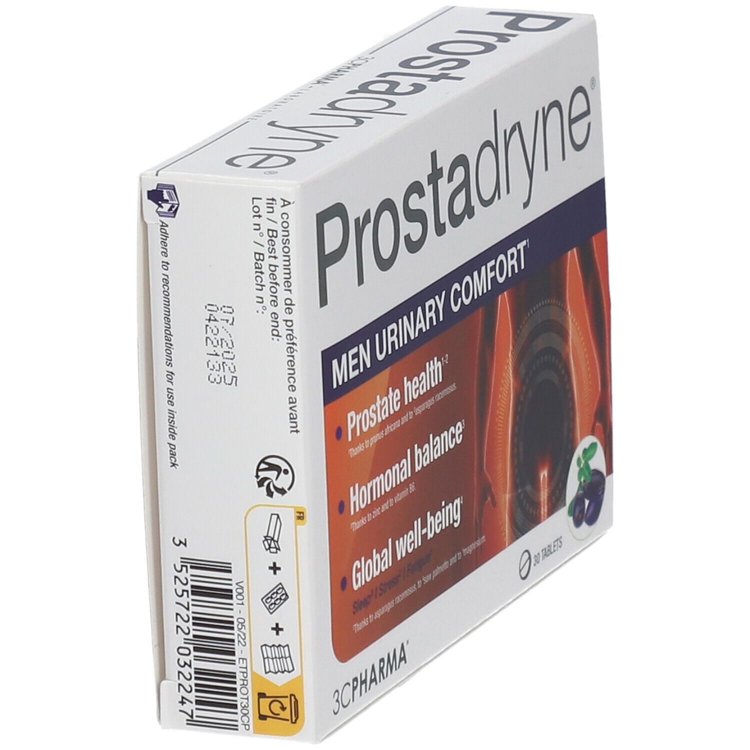 Boîte Prostadryne. Inscription: Men Urinary Comfort. 30 comprimés. Verso avec texte. Logo 3C Pharma.