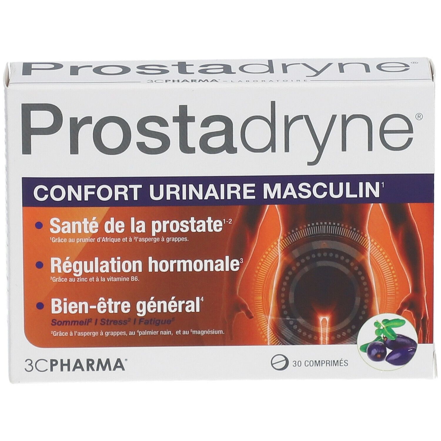 Boîte Prostadryne. Inscription: Confort urinaire masculin. 30 comprimés. Illustration homme. Logo 3C Pharma.