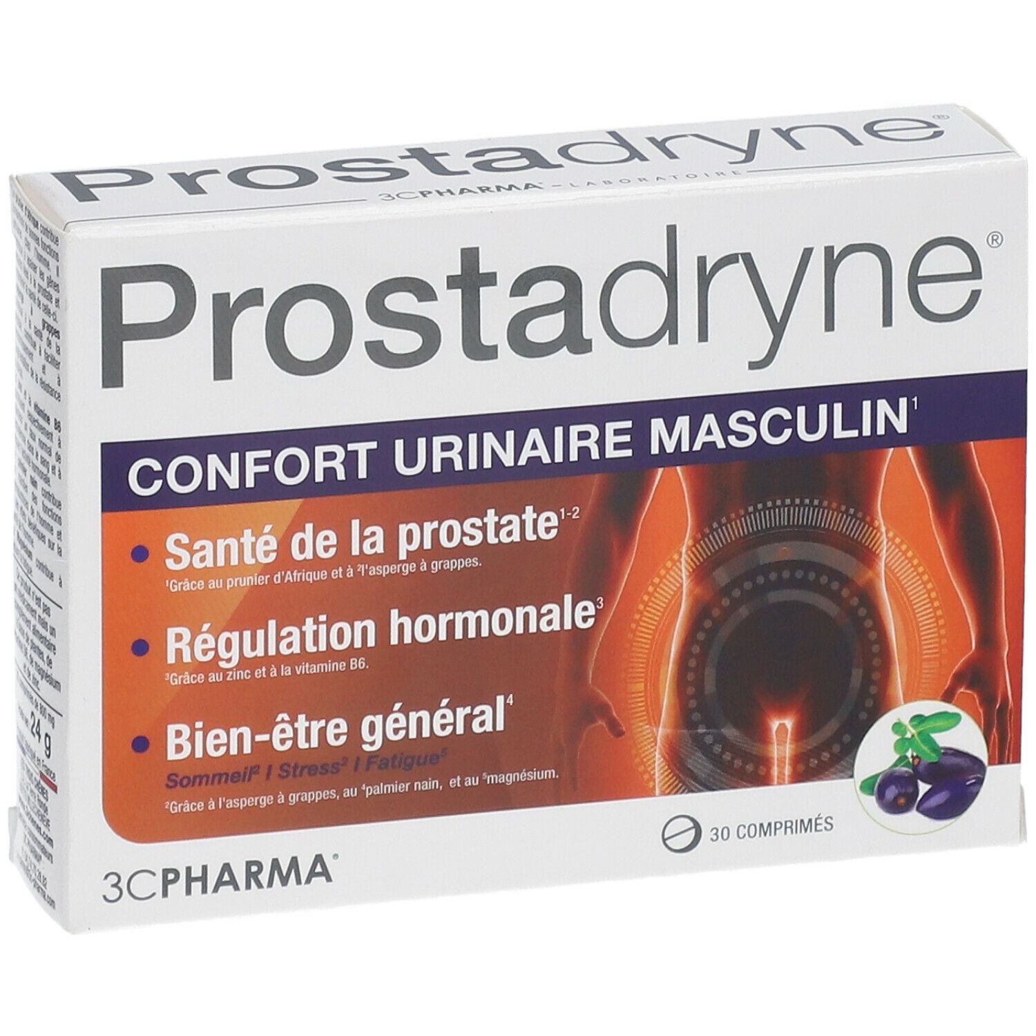 Boîte Prostadryne. Inscription: Confort urinaire masculin. 30 comprimés. Illustration homme. Logo 3C Pharma.