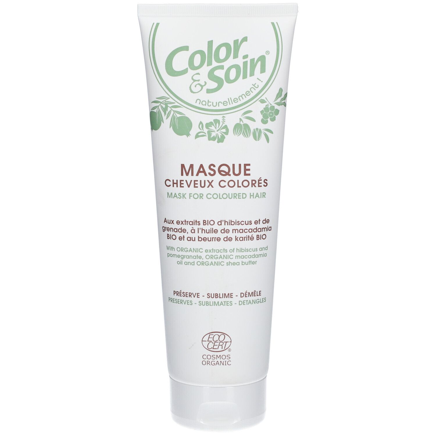 Tube blanc avec logo et texte verts. Texte: MASQUE CHEVEUX COLORÉS. Certification: COSMOS ORGANIC.
