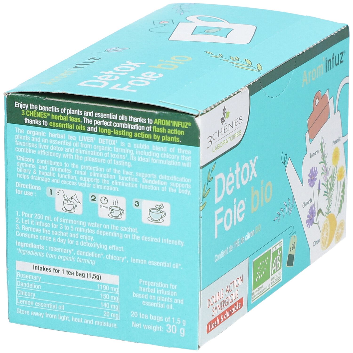 Boîte bleu clair avec textes et informations. Contient 20 sachets de thé. Logos bio et illustrations.