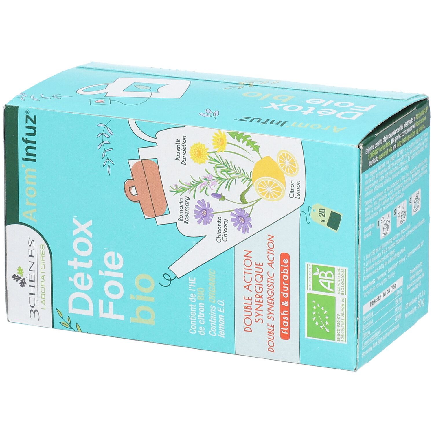 Boîte bleu clair 'Détox Foie bio'. Contient 20 sachets de thé. Logos bio et illustrations de plantes.