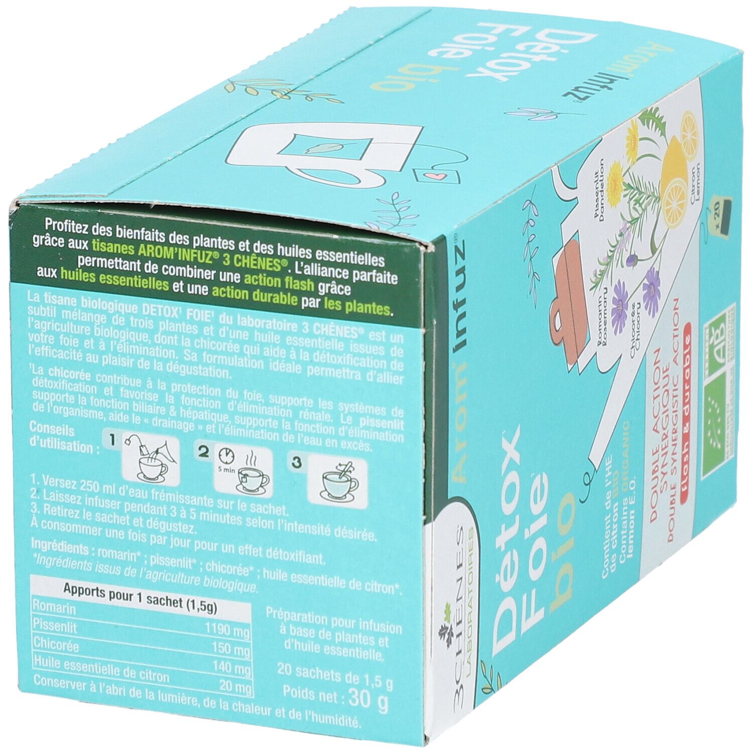 Boîte bleu clair avec textes et informations. Contient 20 sachets de thé. Logos bio et illustrations.