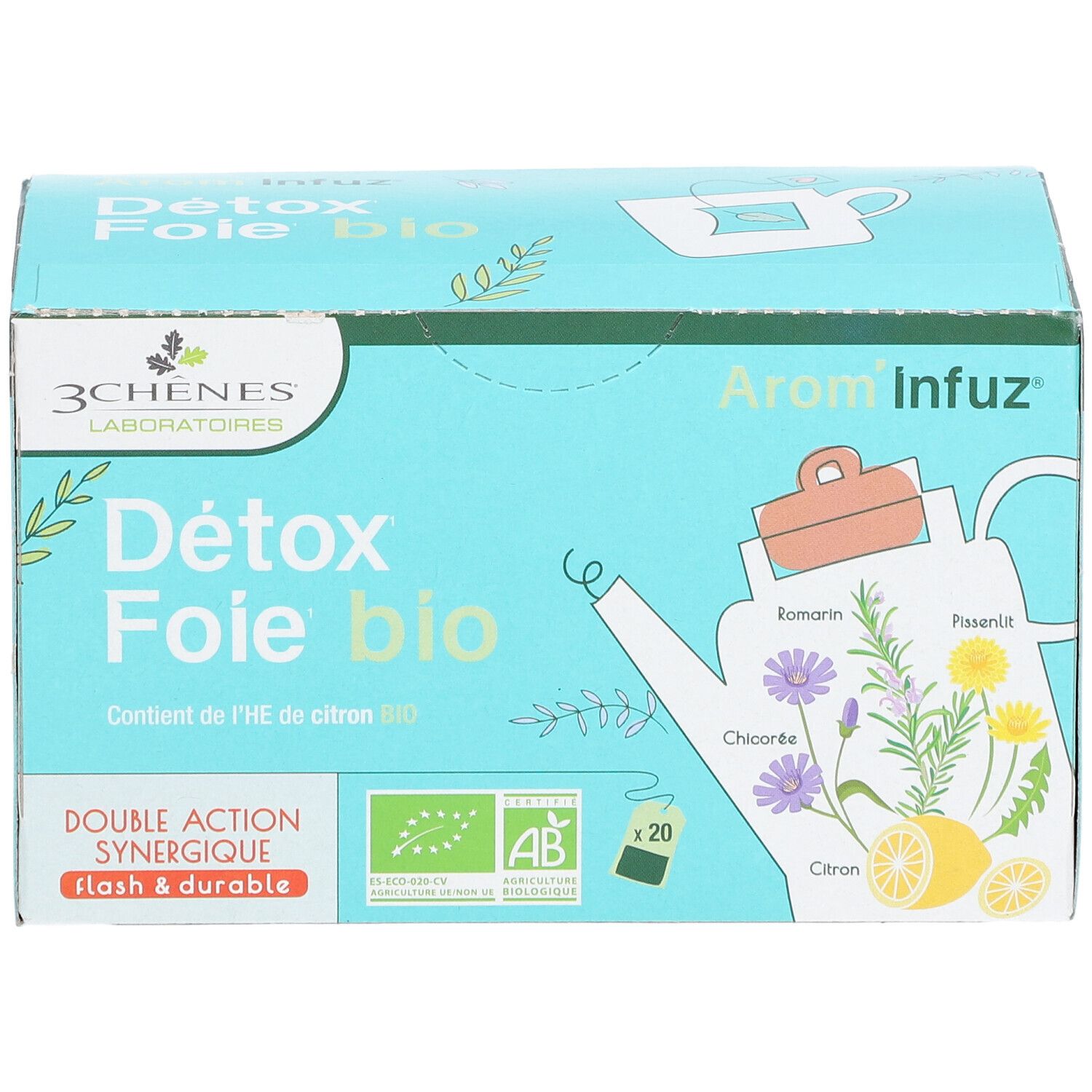 Boîte bleu clair 'Détox Foie bio'. Contient 20 sachets de thé. Logos bio et illustrations de plantes et citron.