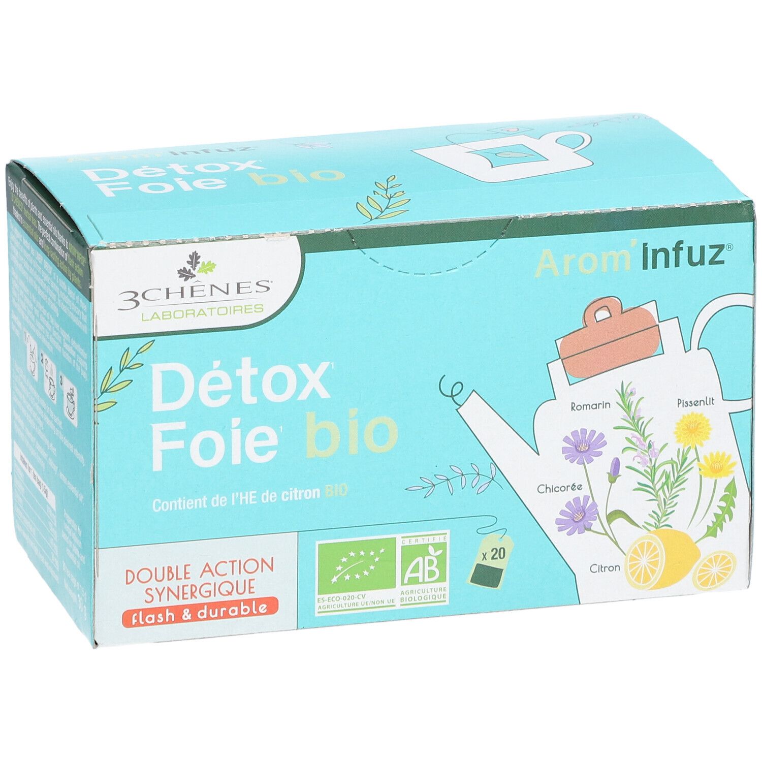 Boîte bleu clair 'Détox Foie bio'. Contient 20 sachets de thé. Logos bio et illustrations de plantes et citron.