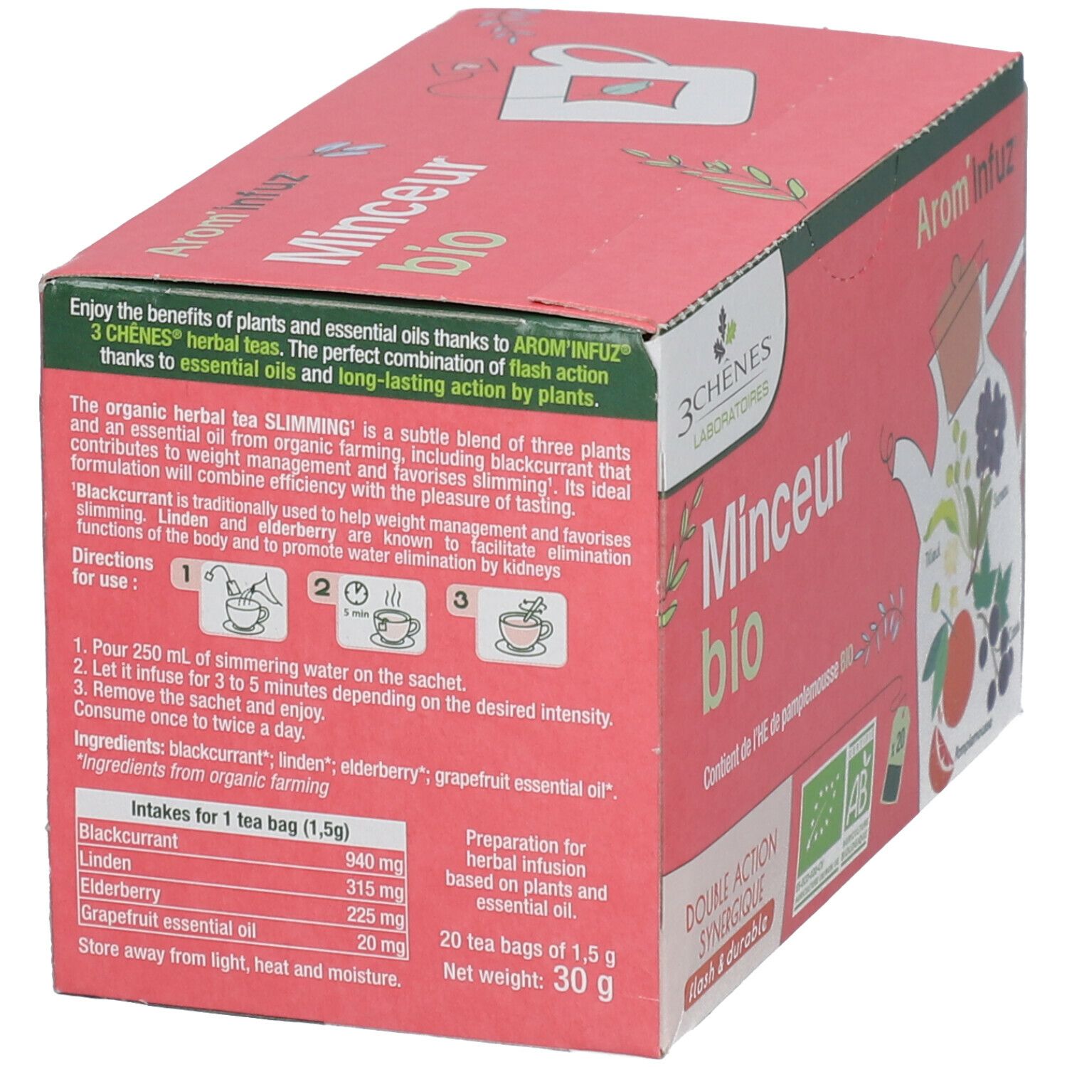 Boîte rose, texte : Minceur bio, Arom'Infuz, 3 Chênes Laboratoires. Contient 20 sachets de thé. Avec liste d'ingrédients et instructions.