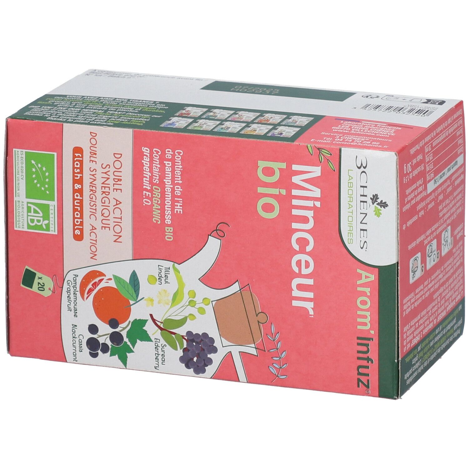 Boîte rose avec inscriptions. Texte : Minceur bio, Arom'Infuz, 3 Chênes Laboratoires. Avec label bio et symbole de sachet de thé.