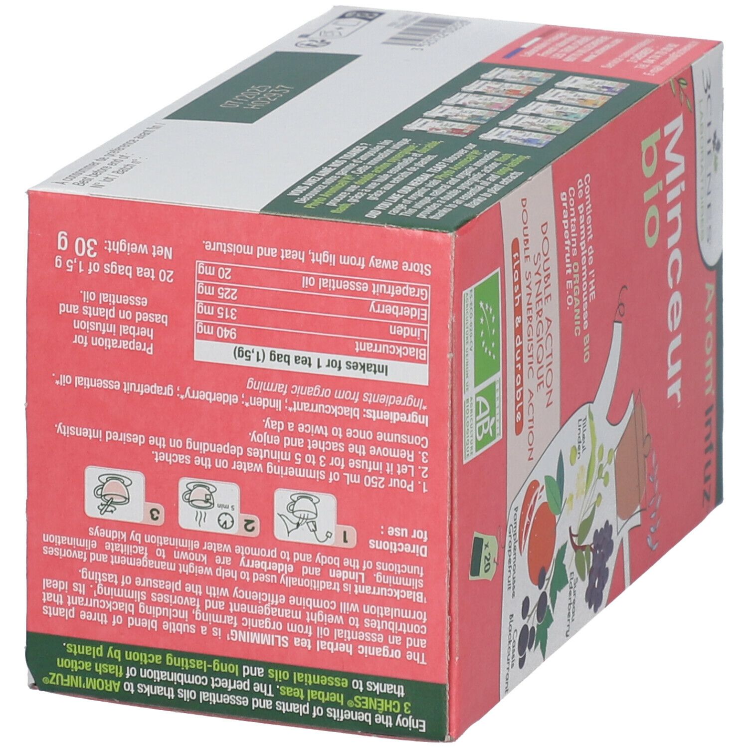 Boîte rose, texte : Minceur bio, Arom'Infuz, 3 Chênes Laboratoires. Contient 20 sachets de thé. Avec liste d'ingrédients et instructions.