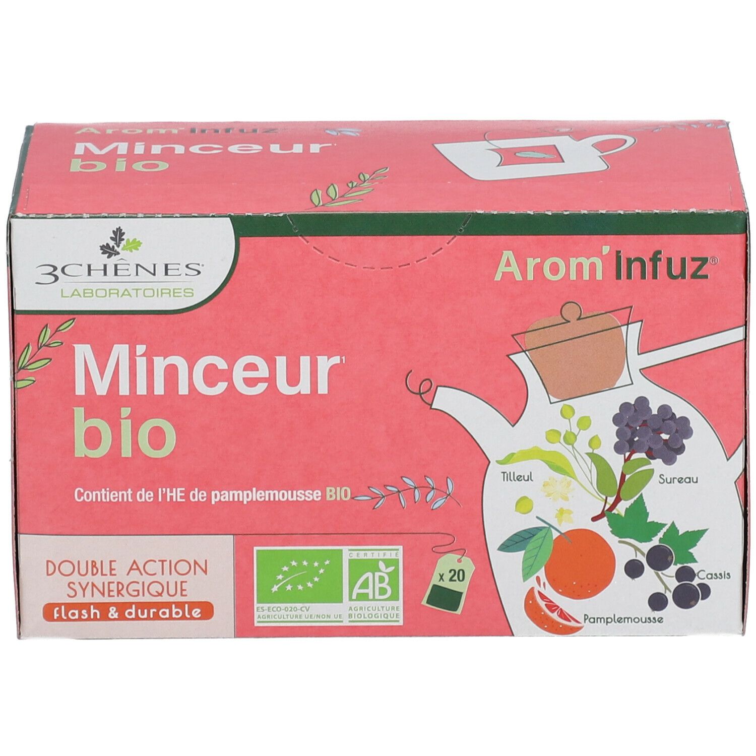Boîte rose avec inscriptions. Texte : Minceur bio, Arom'Infuz, 3 Chênes Laboratoires. Avec label bio et symbole de sachet de thé.