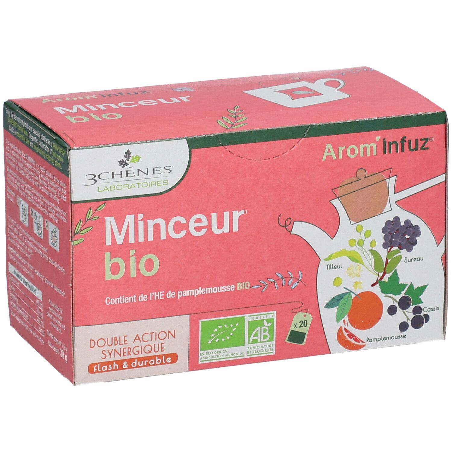 Boîte rose avec inscriptions. Texte : Minceur bio, Arom'Infuz, 3 Chênes Laboratoires. Avec label bio et symbole de sachet de thé.