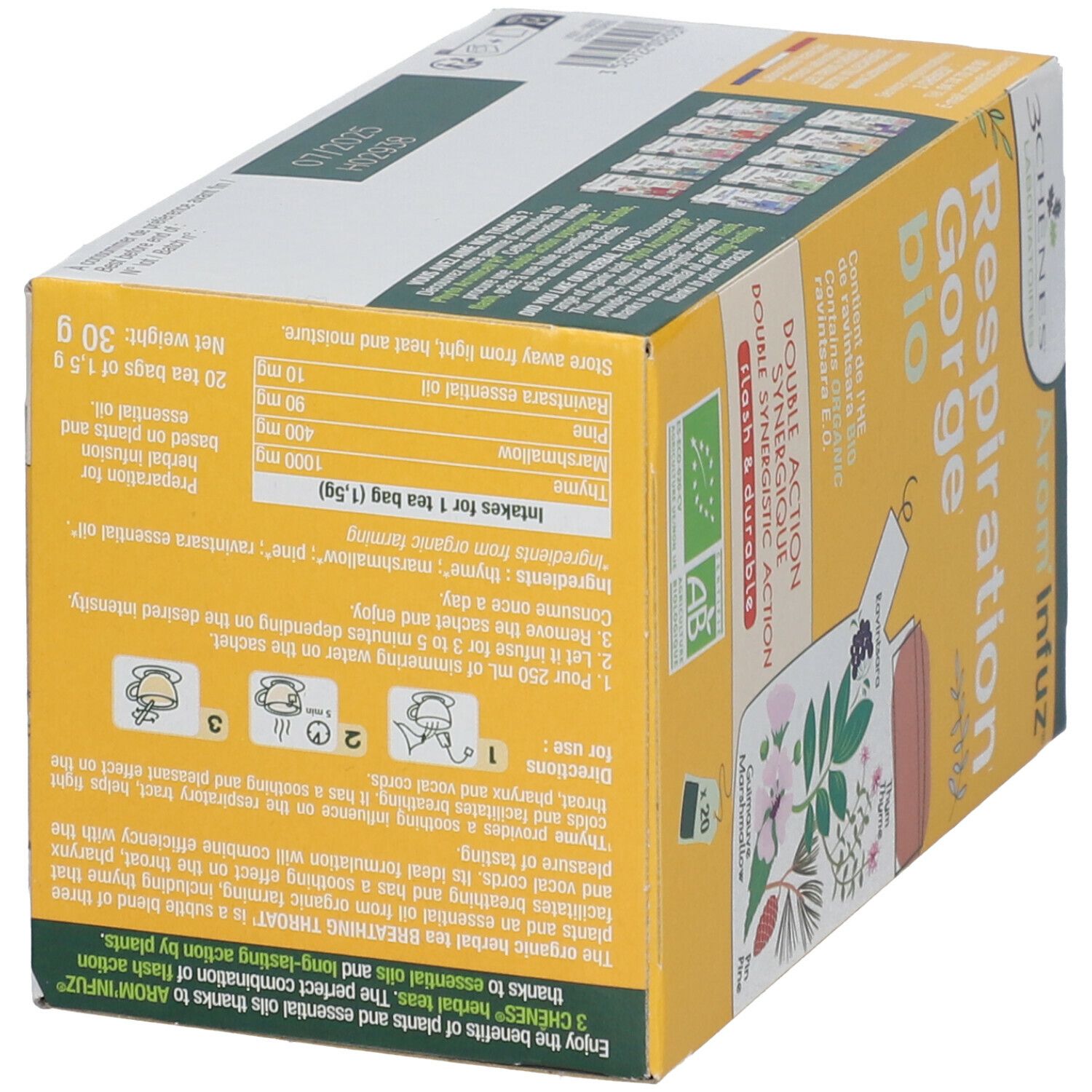 Dos de la boîte jaune. Texte sur ingrédients et utilisation. Contient 20 sachets de thé. Label AB bio.