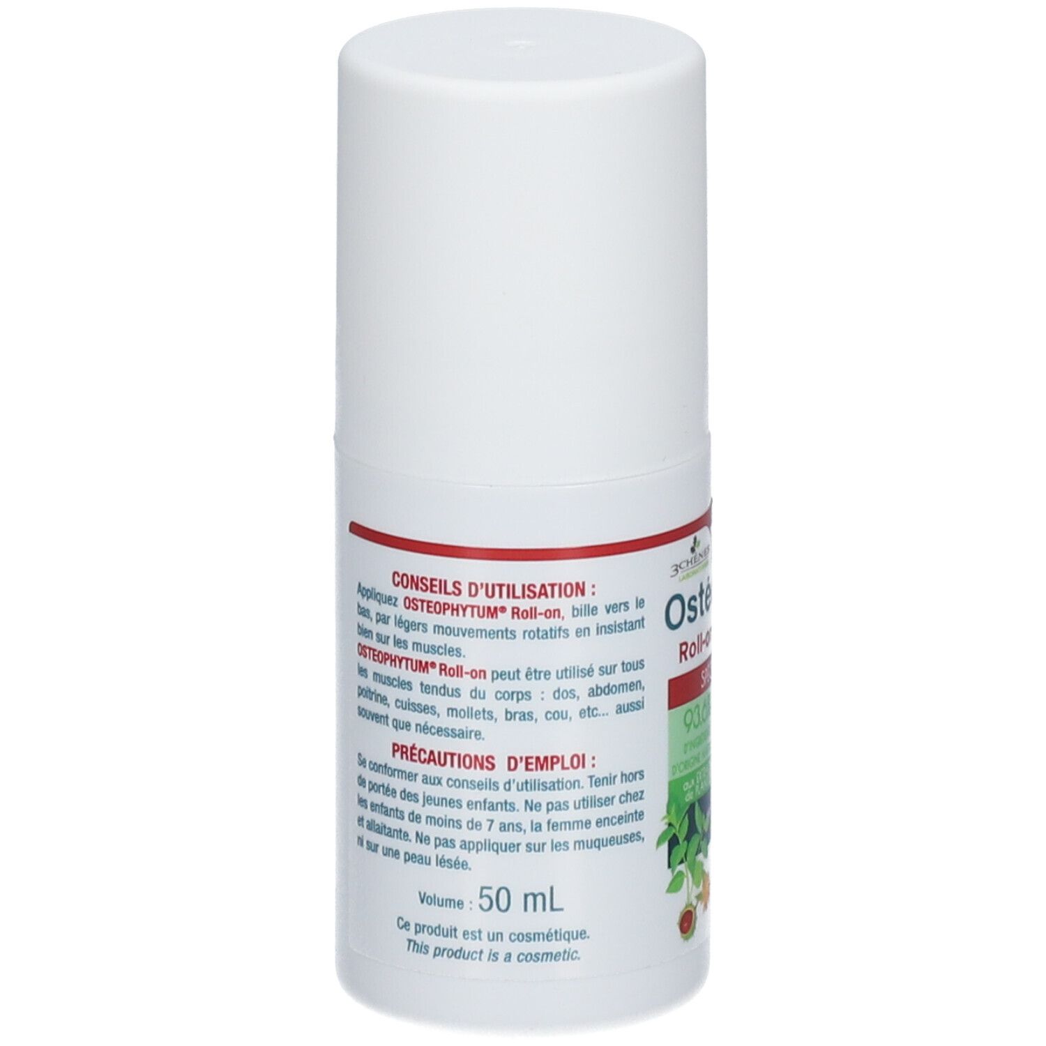 Roll-on blanc. Dos avec texte. Texte: Conseils d'utilisation, Volume 50 ml. Ce produit est un cosmétique.