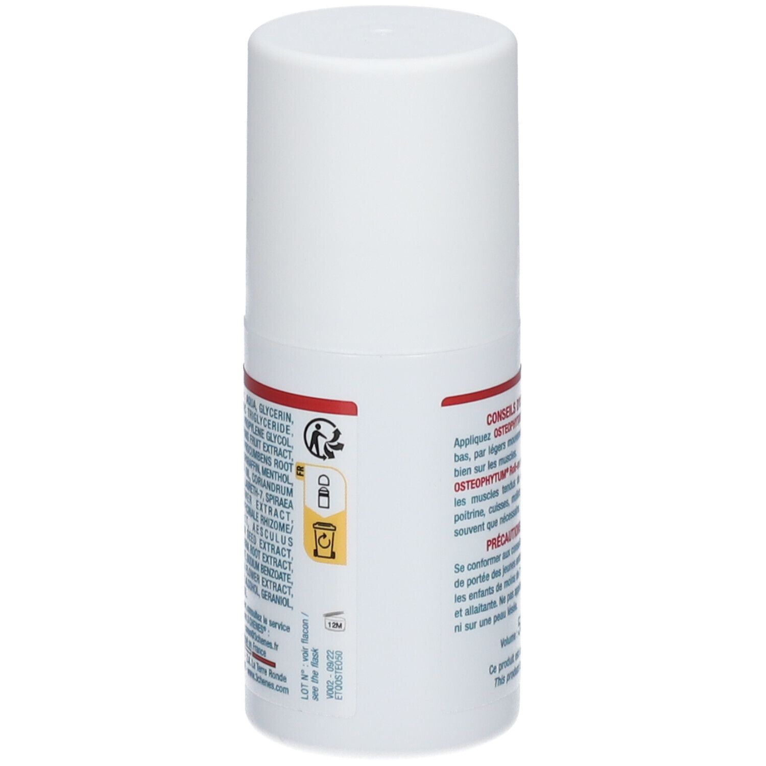 Roll-on blanc. Dos avec texte et symboles. Texte: Conseils d'utilisation, Precautions d'emploi.