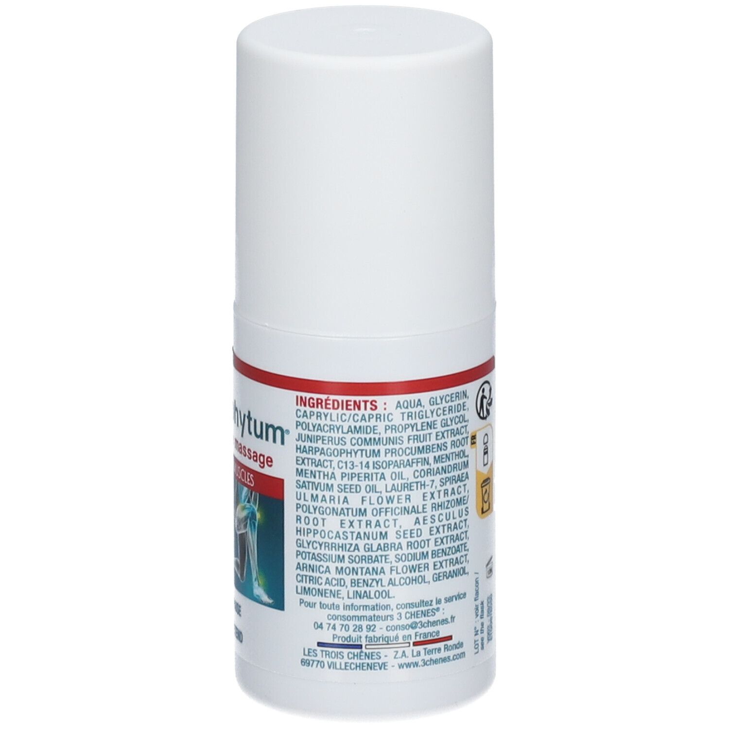 Roll-on blanc. Côté avec texte. Texte: Ingrédients, Aqua, Glycérine, Caprylyl/Capric Triglycéride.