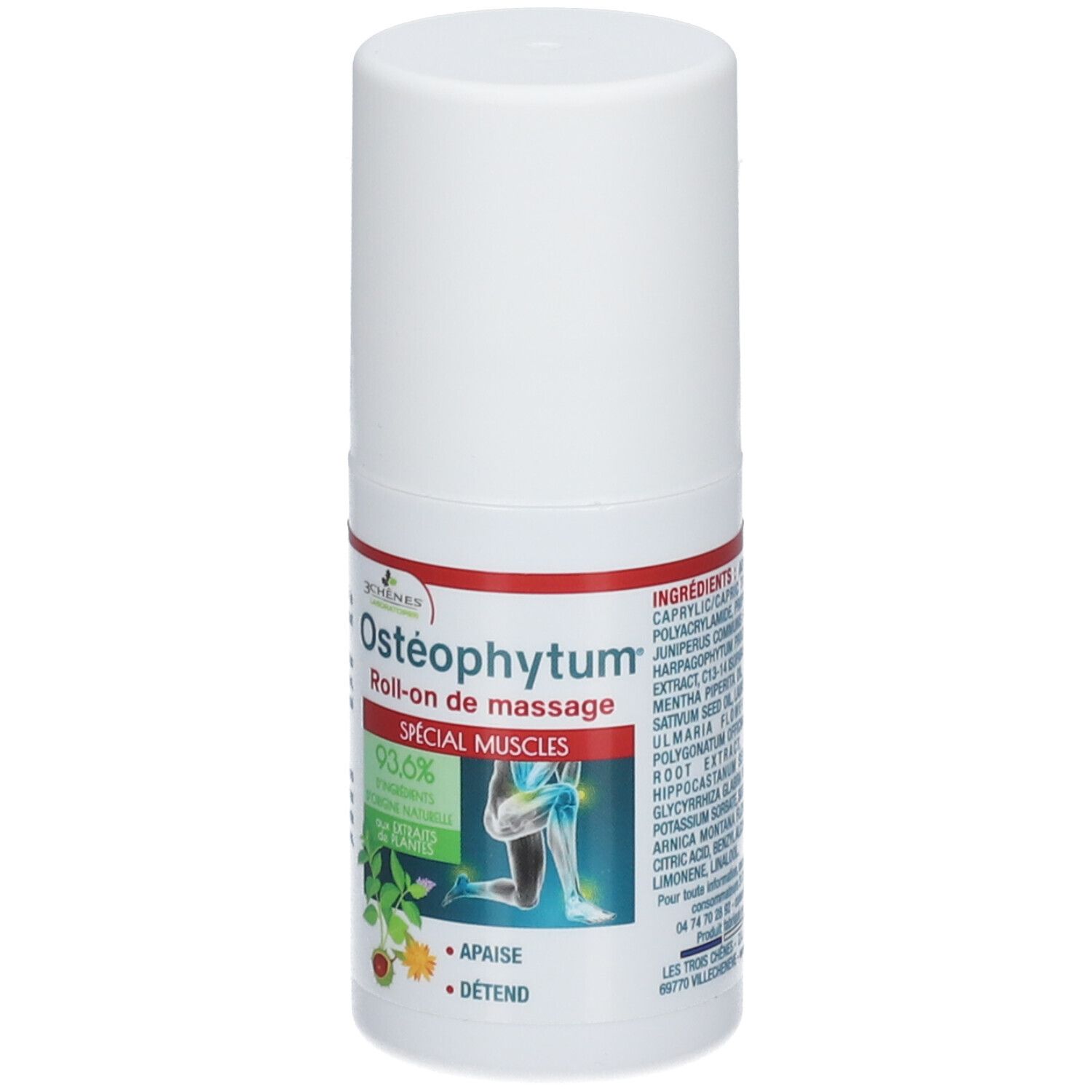 Roll-on blanc avec étiquette rouge et verte. Texte: Ostéophytum, Roll-on de massage, 93,6% ingrédients d'origine naturelle.
