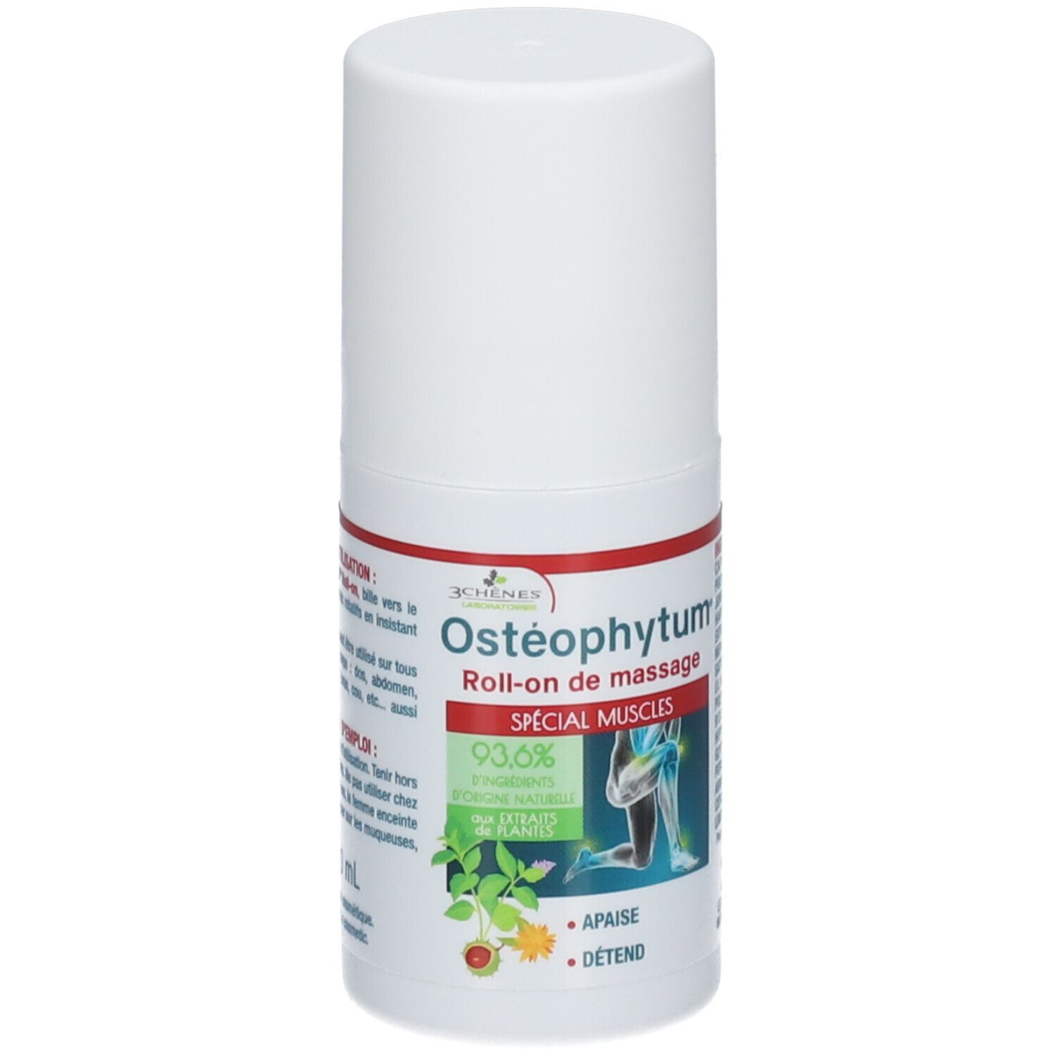 Roll-on blanc avec étiquette rouge et verte. Texte: Ostéophytum, Roll-on de massage, 93,6% ingrédients d'origine naturelle.