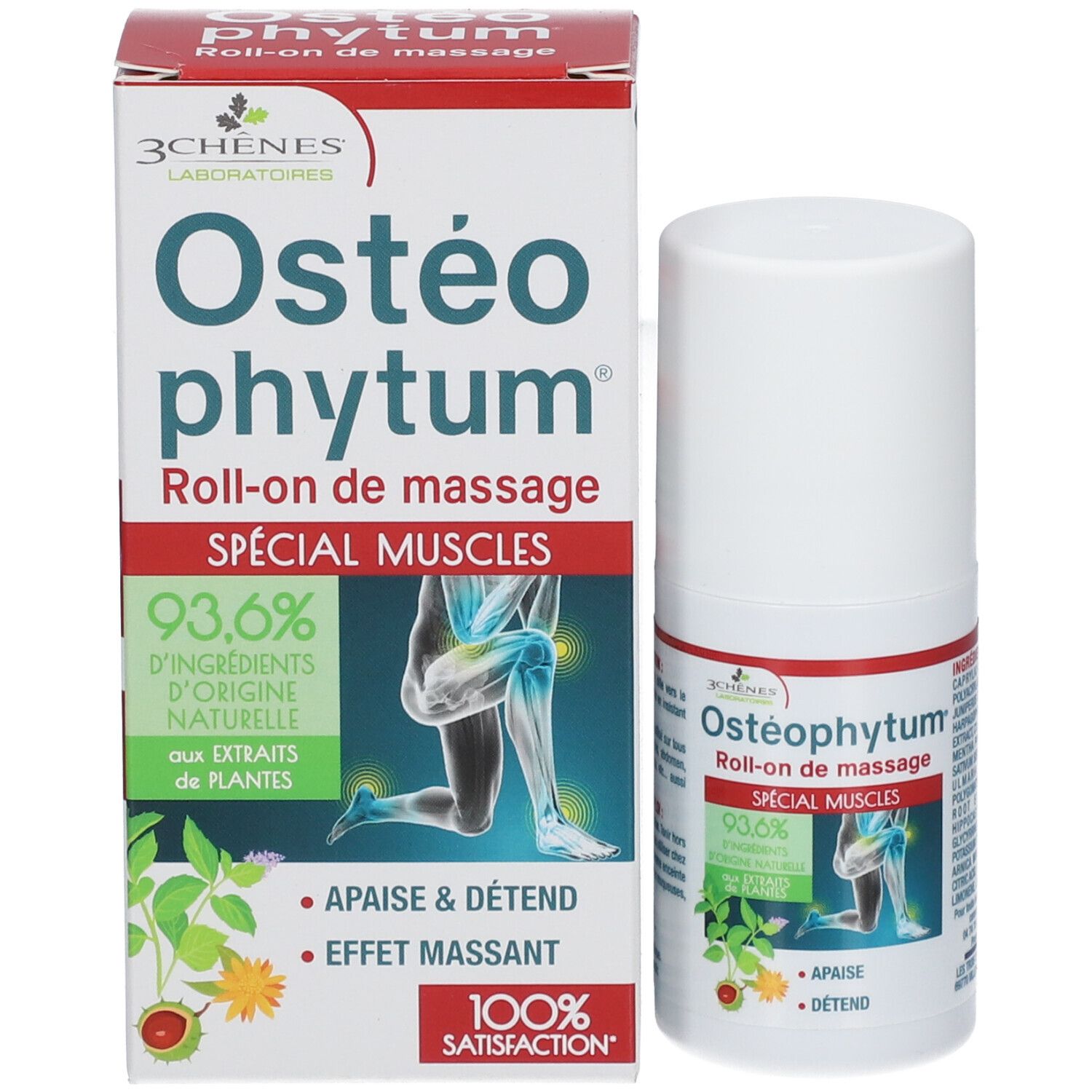 Emballage produit avec roll-on. Texte: Ostéophytum, Roll-on de massage, 93,6% ingrédients d'origine naturelle.