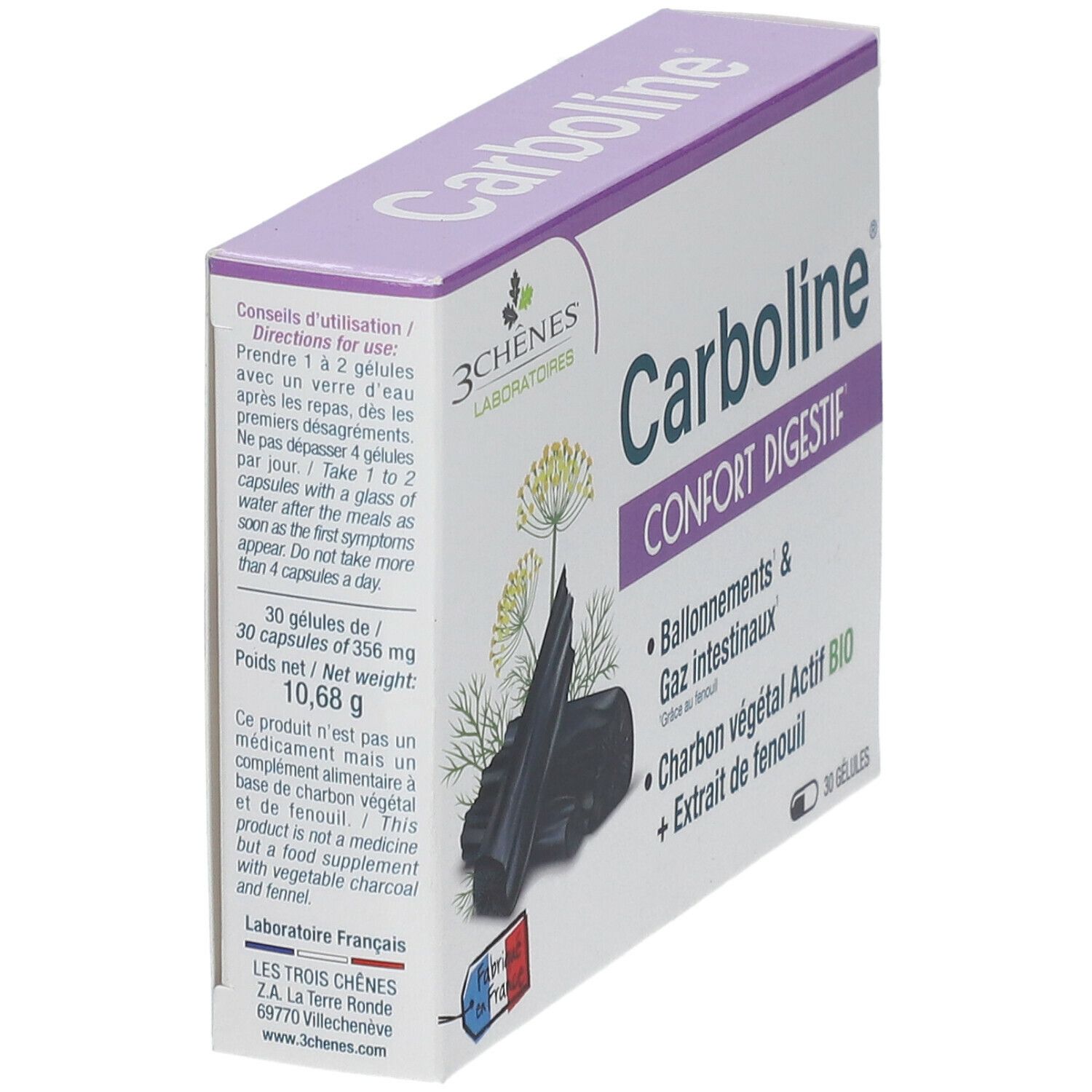 Boîte Carboline Confort digestif en biais. Contient 30 gélules. Charbon actif et extrait de fenouil. Fabriqué en France.