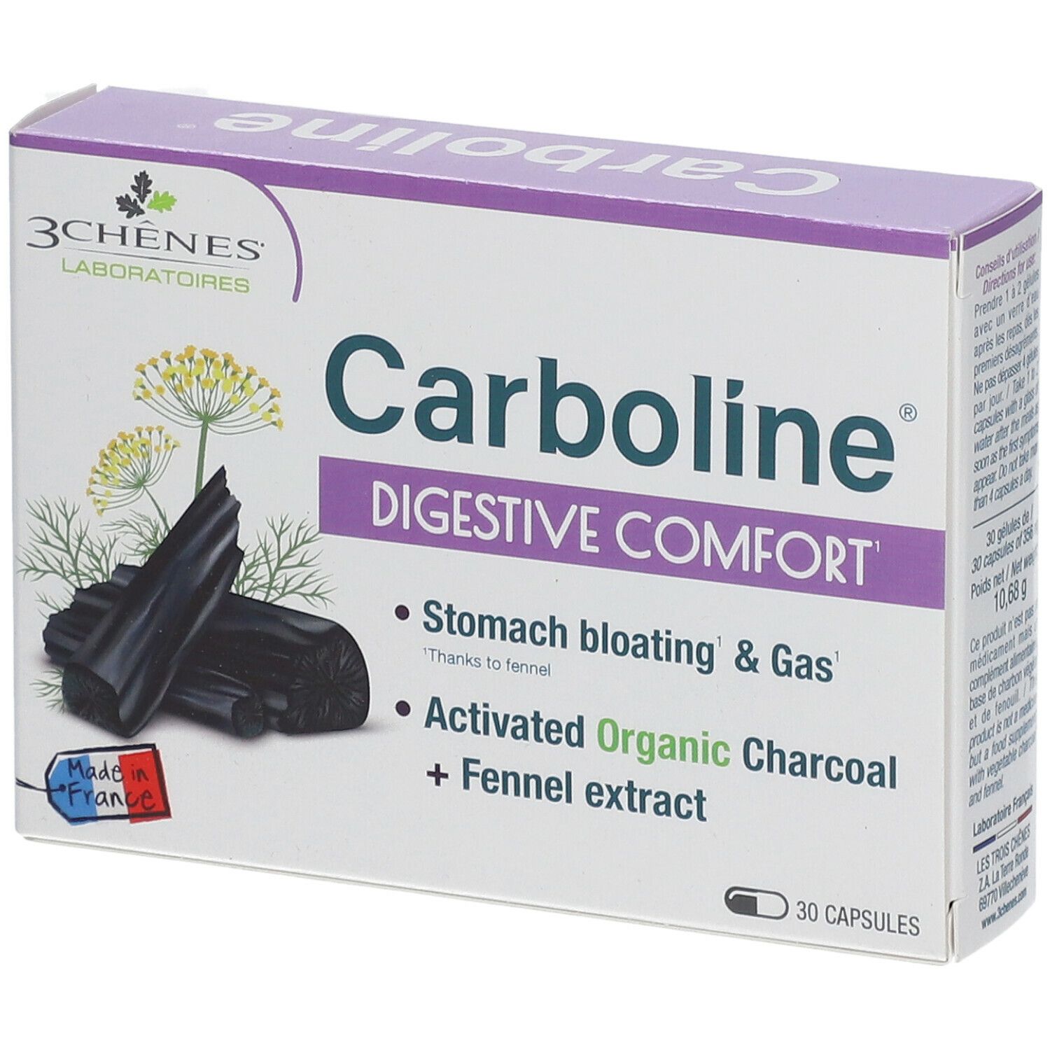 Boîte Carboline Digestive Comfort. Contient 30 gélules. Charbon actif et extrait de fenouil. Fabriqué en France.
