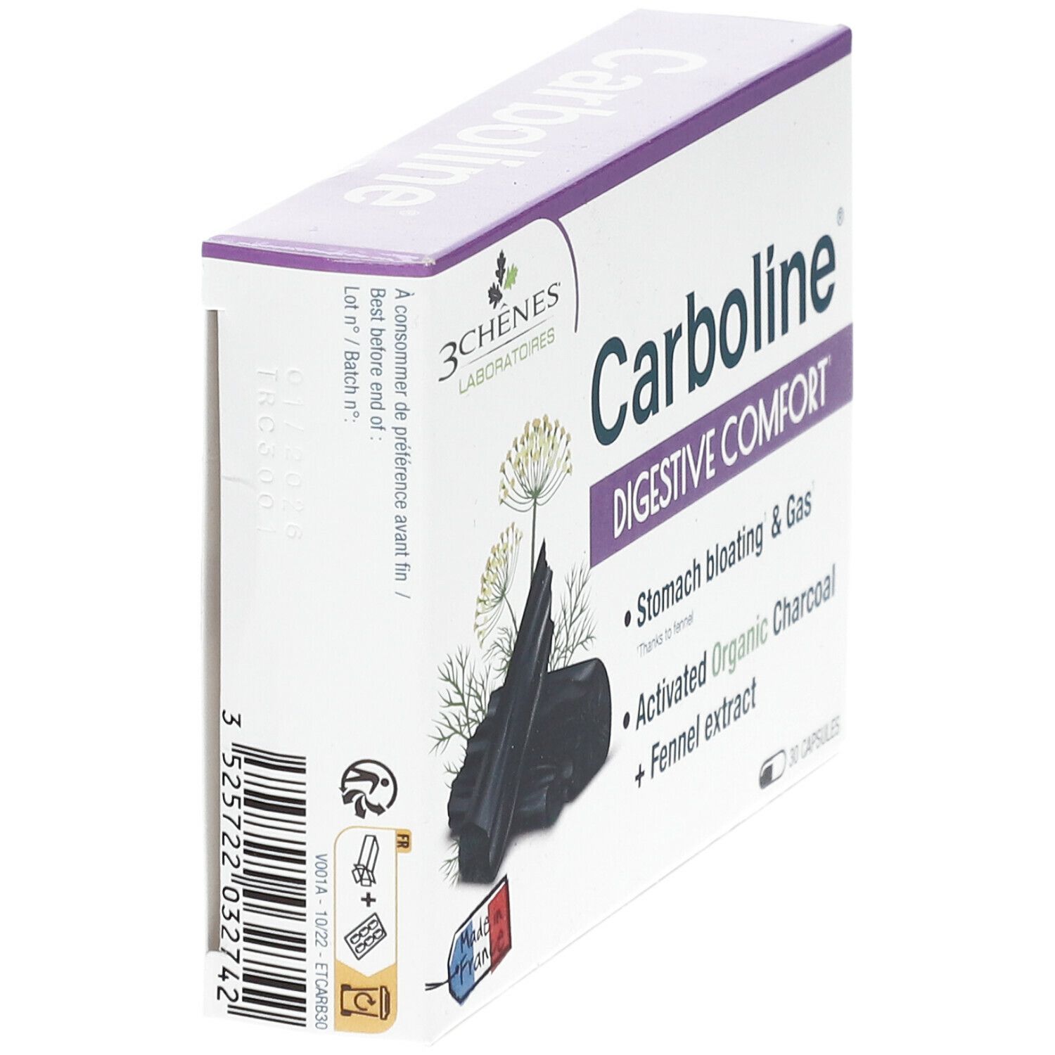 Boîte Carboline Digestive Comfort en biais. Contient 30 gélules. Charbon actif et extrait de fenouil. Fabriqué en France.