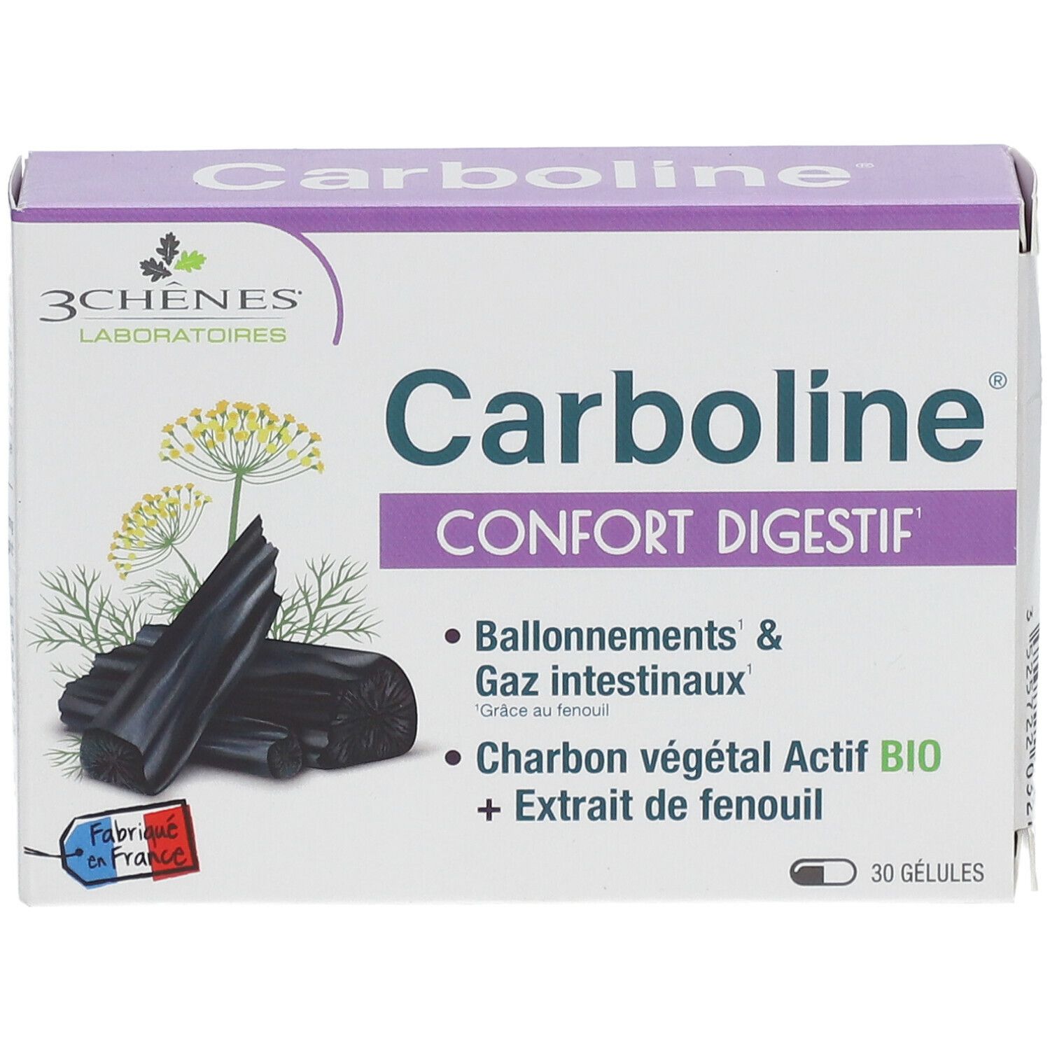 Boîte de Carboline Confort digestif. Contient 30 gélules. Charbon végétal actif et extrait de fenouil. Fabriqué en France.