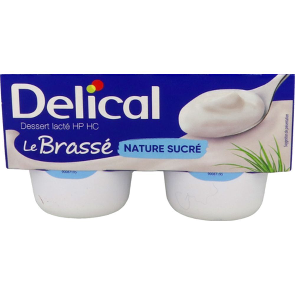 Emballage de quatre pots de Delical Dessert lacté HP HC Le Brassé Nature sucré. Emballage bleu avec logo du produit.