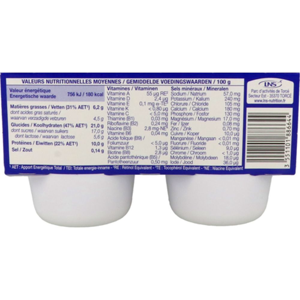 Dos de l'emballage avec informations nutritionnelles pour Delical Dessert lacté HP HC Le Brassé Nature sucré. Texte multilingue.