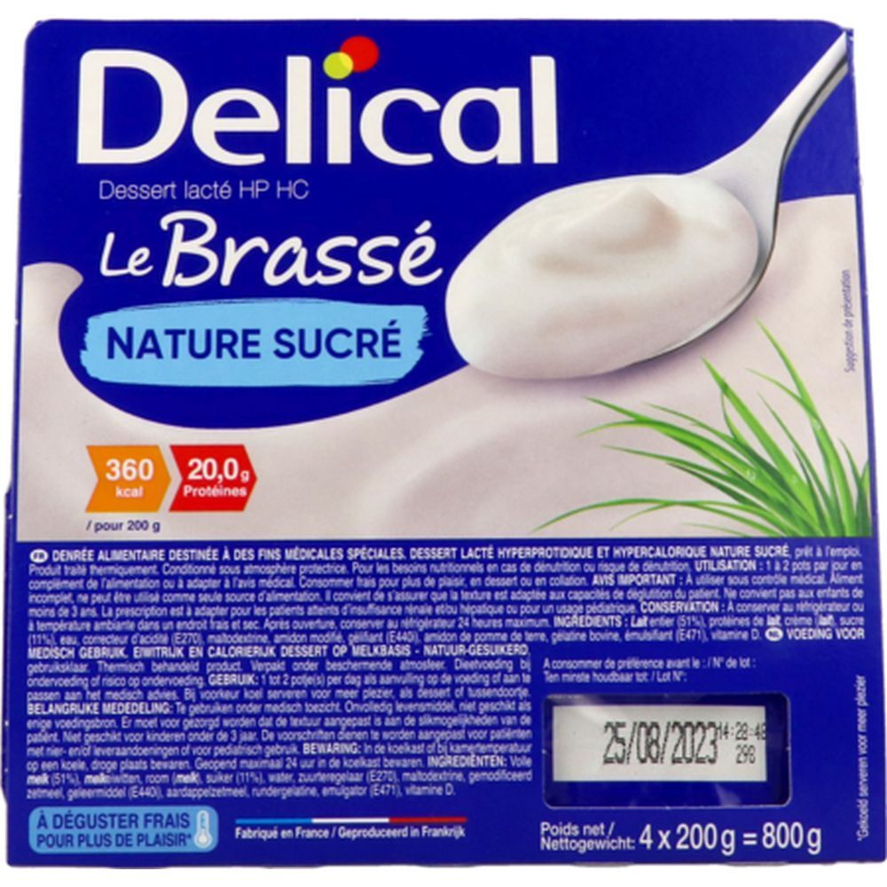 Emballage de Delical Dessert lacté HP HC Le Brassé Nature sucré. Contient quatre pots. Date de péremption imprimée.