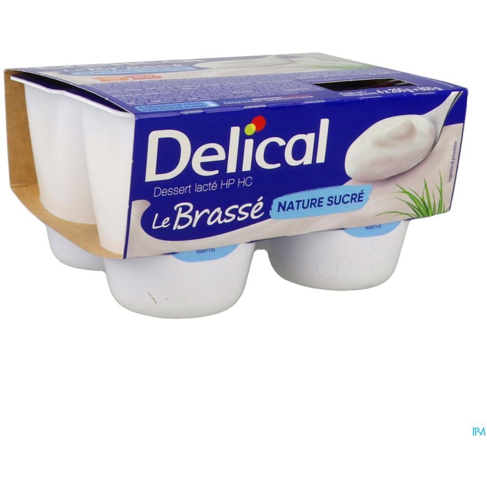 Emballage de quatre pots de Delical Dessert lacté HP HC Le Brassé Nature sucré. Emballage bleu avec logo du produit.