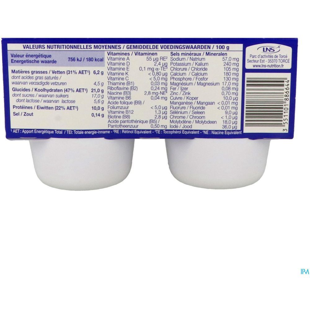 Dos de l'emballage avec informations nutritionnelles pour Delical Dessert lacté HP HC Le Brassé Nature sucré. Texte multilingue.