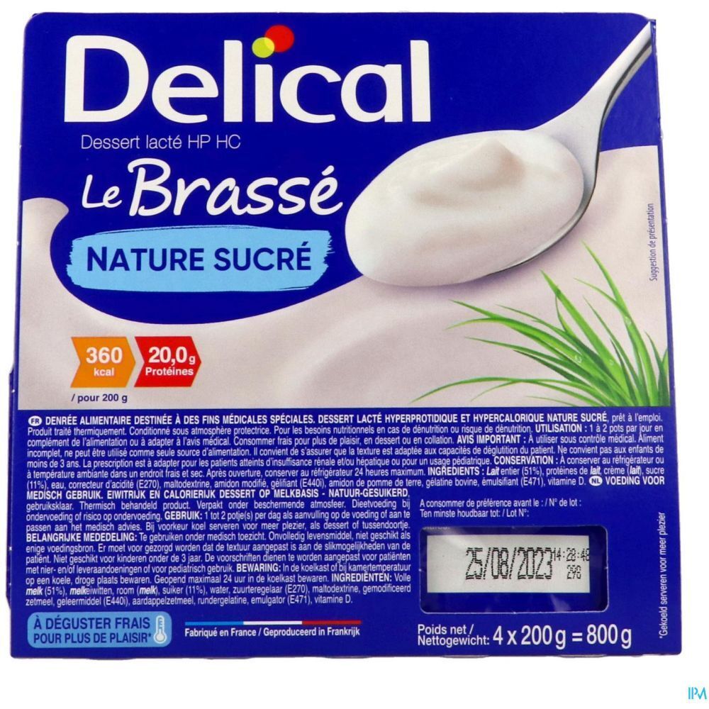 Emballage de Delical Dessert lacté HP HC Le Brassé Nature sucré. Contient quatre pots. Date de péremption imprimée.